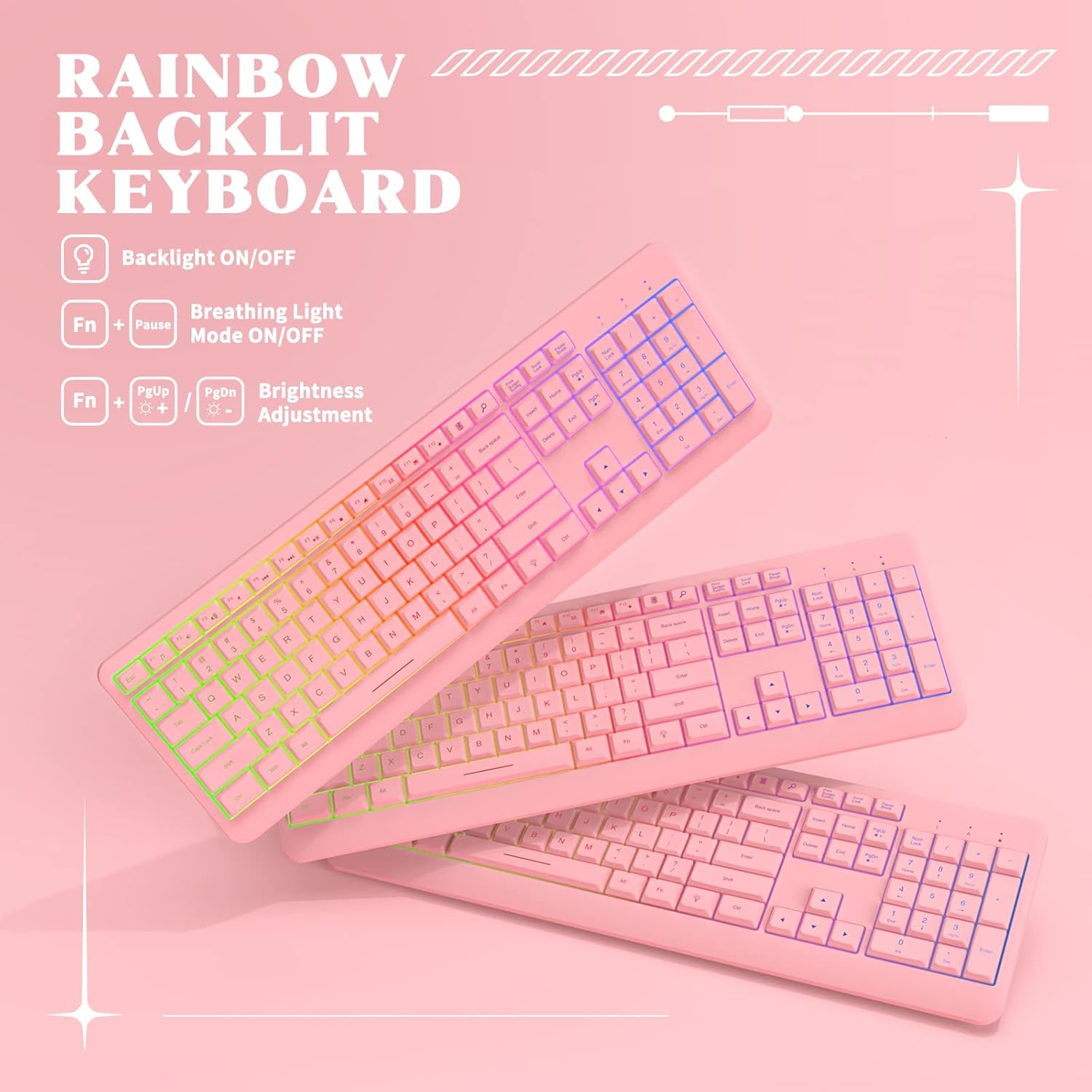 Pink Keyboard and Mouse, Cat Ear Headset & Mouse Pad(35x15 in) Combo, RGB Gaming Mice with 6400DPI, Gaming Headphones with Noise Cancelling Mic for Gamer/Live Streamer, Rainbow Backlit Keyboard