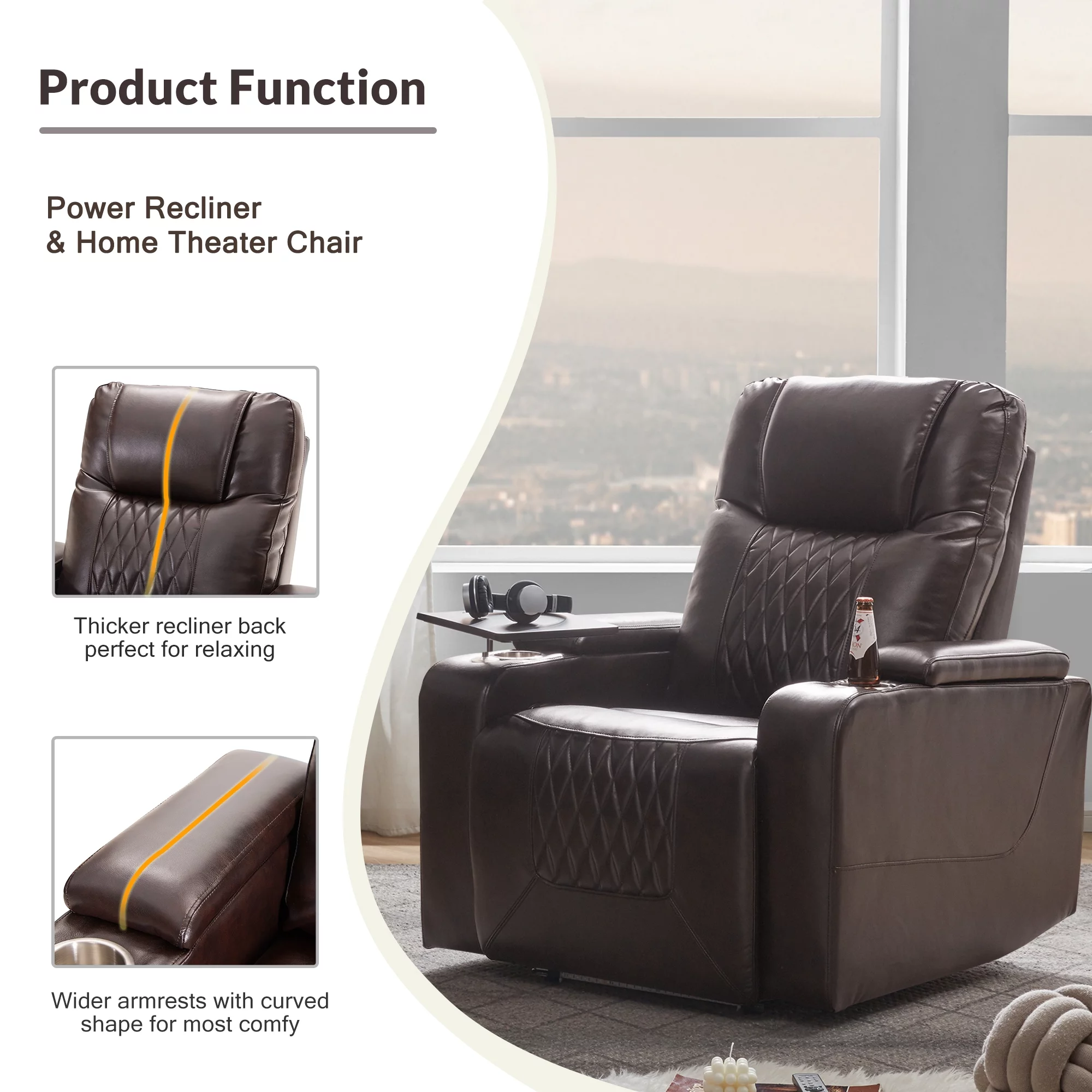 Power Motion Recliner with Cup Holders Ambient Lighting, USB Charge Port, 360 Swivel Tray Table, Hand in-Arm Storage, Gaming Recliner Chair