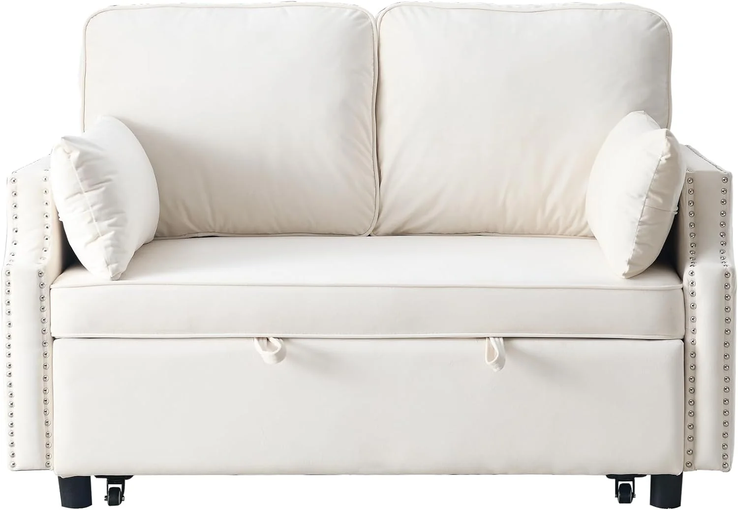 Convertible Sleeper Sofa With Pull Out Bed, 3-In-1 Velvet Small Loveseat With Nailhead Design & Side Storage Pockets, 2 Seat Loveseat Sleeper Sofa Bed For Small Space, Living Room