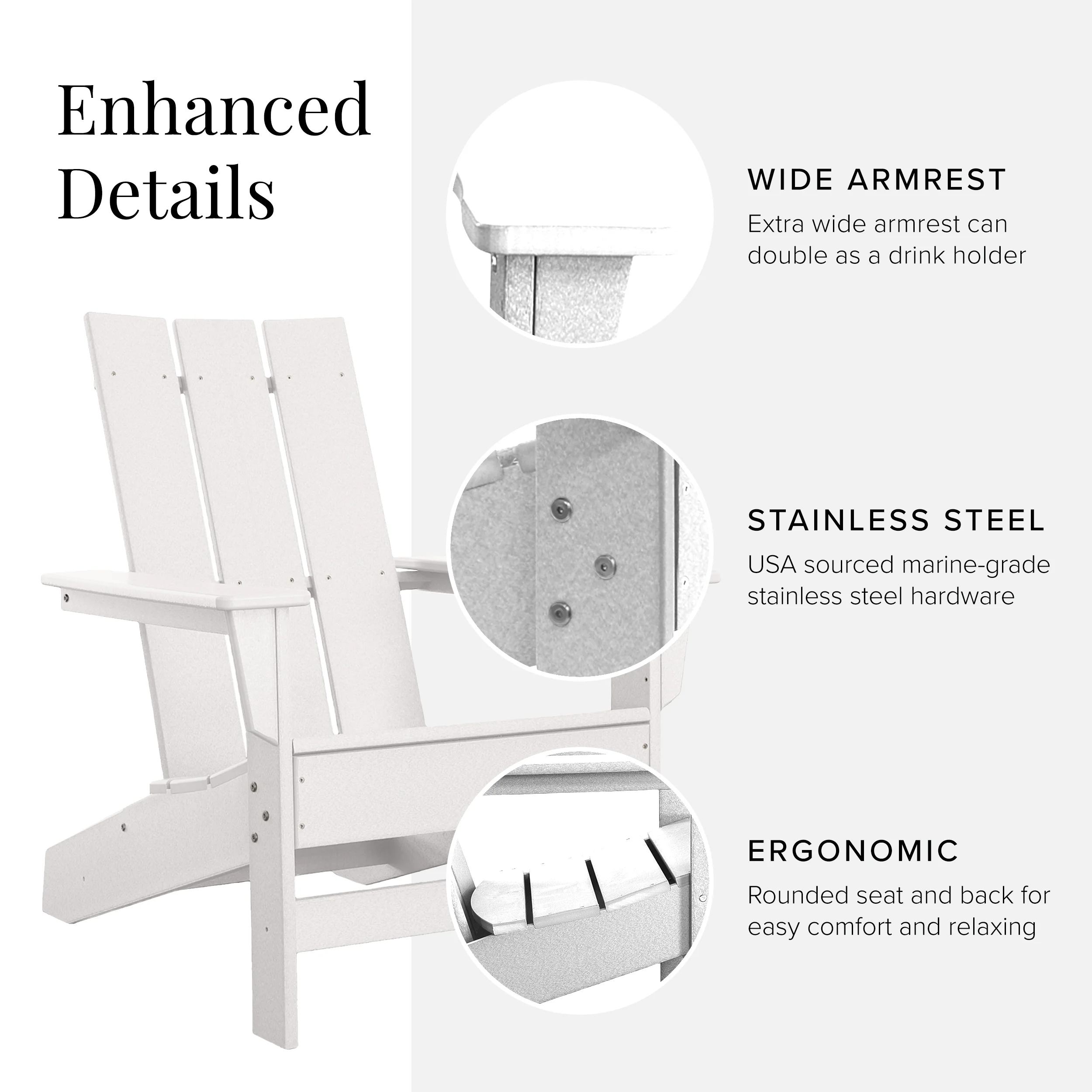 DuroGreen Aria Adirondack Chairs Made With All-Weather Tangentwood, Oversized, High End Patio Furniture for Porch, Lawn, Deck, Fire Pit, No Maintenance, Easy Assembly, Made in the USA, White