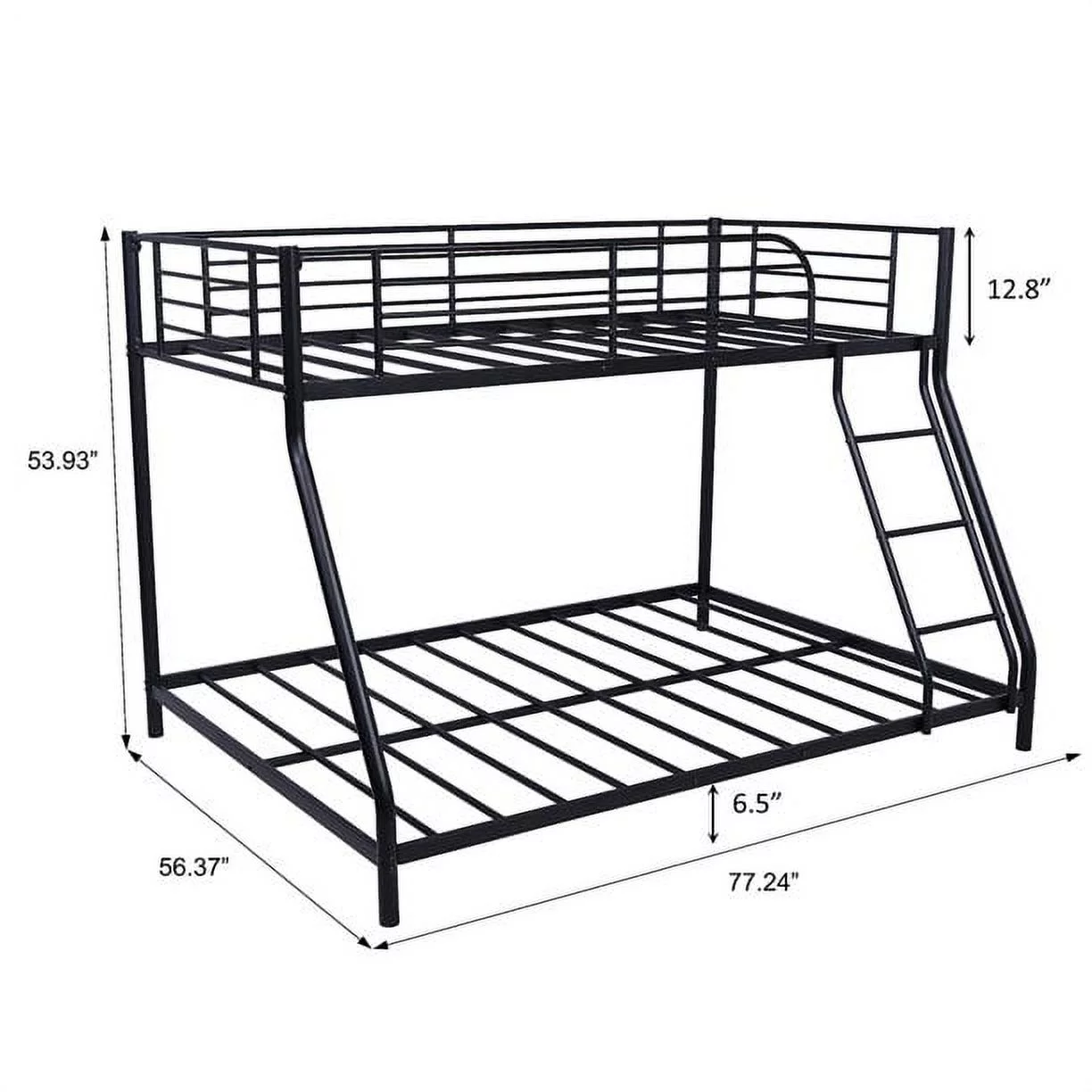 Bunk Bed, Twin Over Full Bunk Bed with Metal Frame and Ladder,  Heavy Duty Bunk Beds Twin Over Full Size for Adults Teens, Durable Bunk Bed Frame with Metal Support Slat, Safety Guardrail, Black, V278