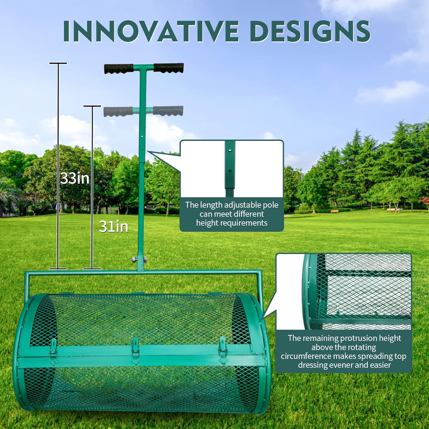 ZANGEROI Compost Spreader for Lawn Peat Moss Spreader for Lawn Manure Spreader Lawn Spreader Garden Spreader Yard Spreader with Metal Mesh Basket Adjustable Pole (31 inch)