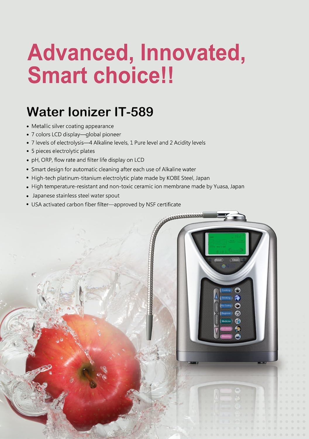 IONtech IT-589 Advanced Alkaline Water Ionizer Machine Water Filter System With Carbon Filter To Remove Impurities And Chemicals Countertop dispenser For Kitchen Sink