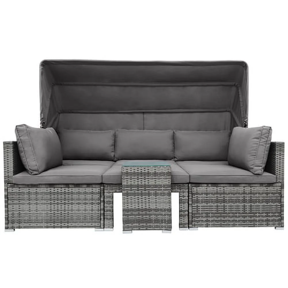 Churanty 5 Pieces Outdoor Conversation Wicker Furniture Set Sectional Patio Rattan Sofa Set Rattan Daybed with Canopy and Glass Side Table, Gray
