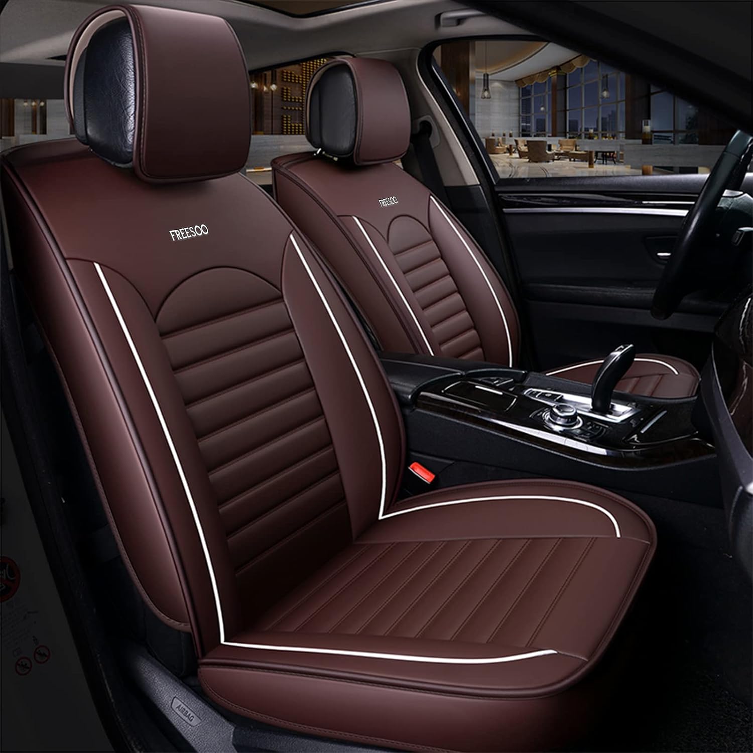 FREESOO Car Seat Cover Leather, Car Seat Covers Full Set Front Rear Automotive Waterproof Universal for 5 Seats Vehicle Year Round Use (Black White 2)
