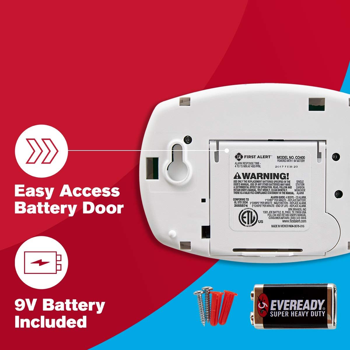 FIRST ALERT CO400-3 Carbon Monoxide Detector, Battery Operated, White , 3-Pack -CO400-3