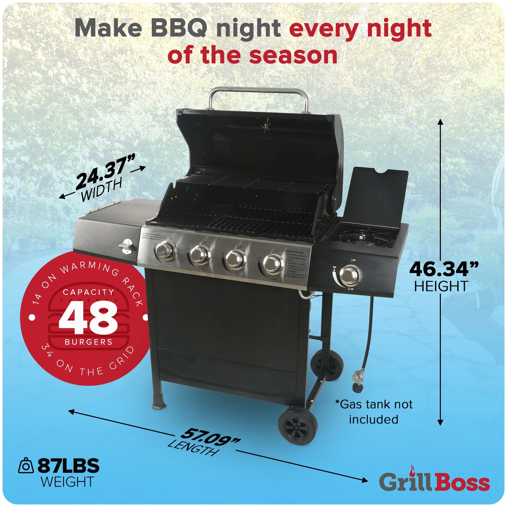 Grill Boss 4-Burner Gas Grill w/ Side Burner, Cover, and Side Shelves
