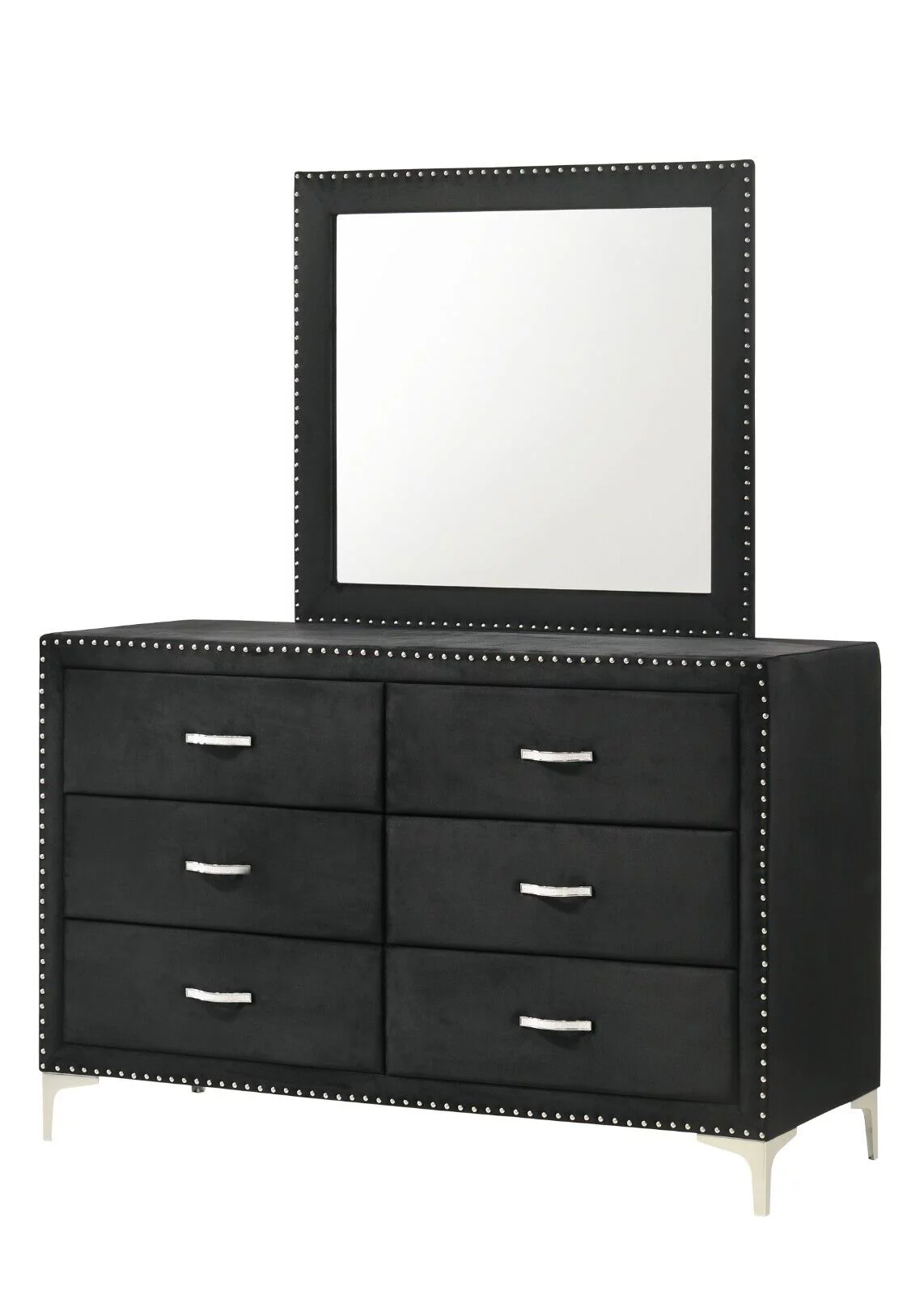 Modern Glamourous 6pc King Size Bed Dresser Mirror Nightstands Chest Bedroom Set Black Velvet Upholstery Furniture