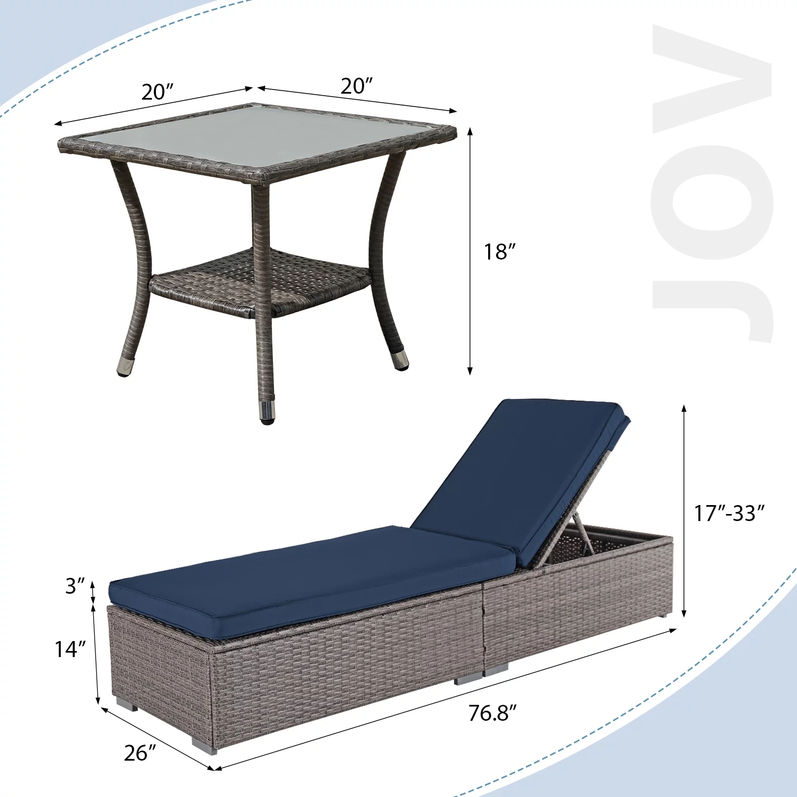 JOIVI Outdoor Chaise Lounge Chair, 3 Piece Patio Reclining Sun Lounger with Coffee Table, All Weather PE Rattan Adjustable Lounge Chair, Patio Pool Lounge Chairs with Removable Cushion, Navy Blue