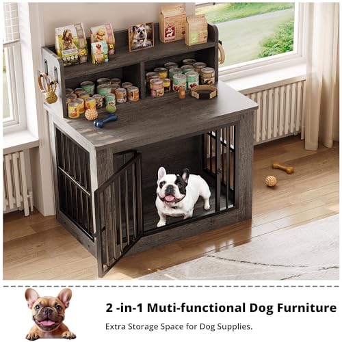 IRONCK Extra Large Dog Crate Furniture, 43.3 inches Wooden Dog Crate with Storage and 4 Hooks, Heavy Duty Pet Crate for Large Dog, Decorative Pet Cage for Indoor (30" L x 43.3" W x 41.1" H)