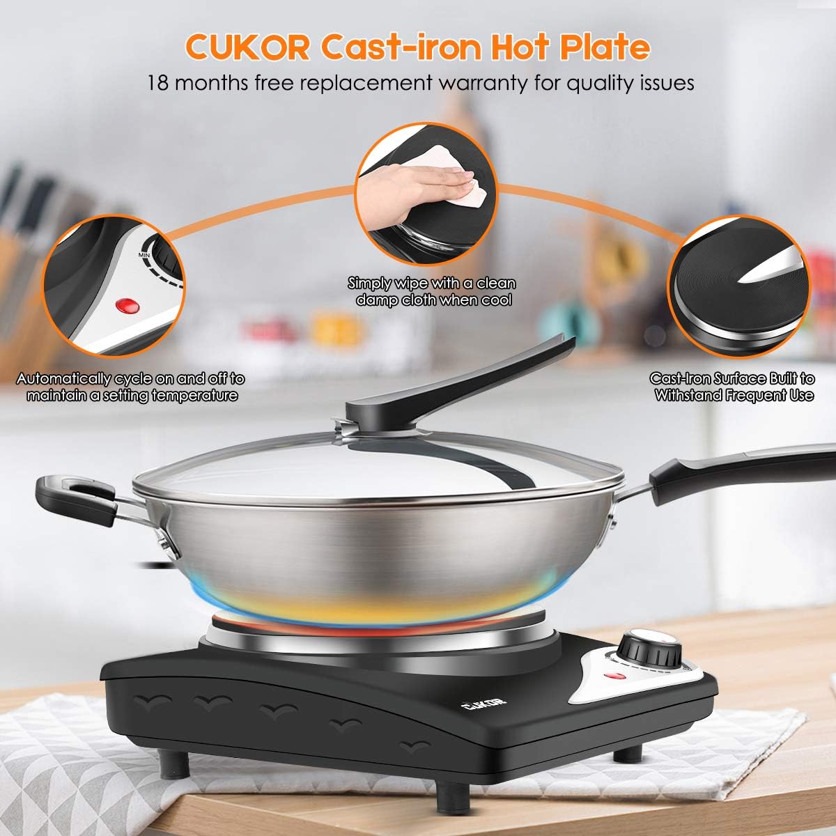 CUKOR Hot Plate,Electric Single Burner for Cooking,1500W Portable Electric Stove,cast-iron,Stainless Steel Non-Slip Rubber Feet