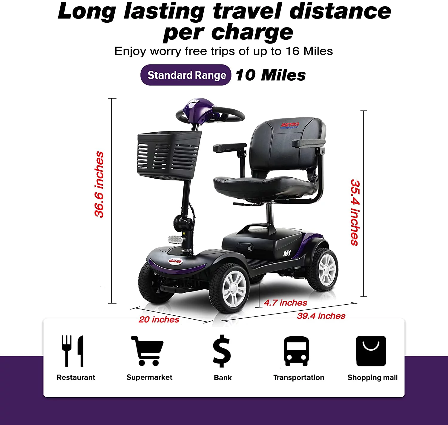 Metro Mobility Elderly Scooter Folding Scooter 4 Wheel Scooter Purple.