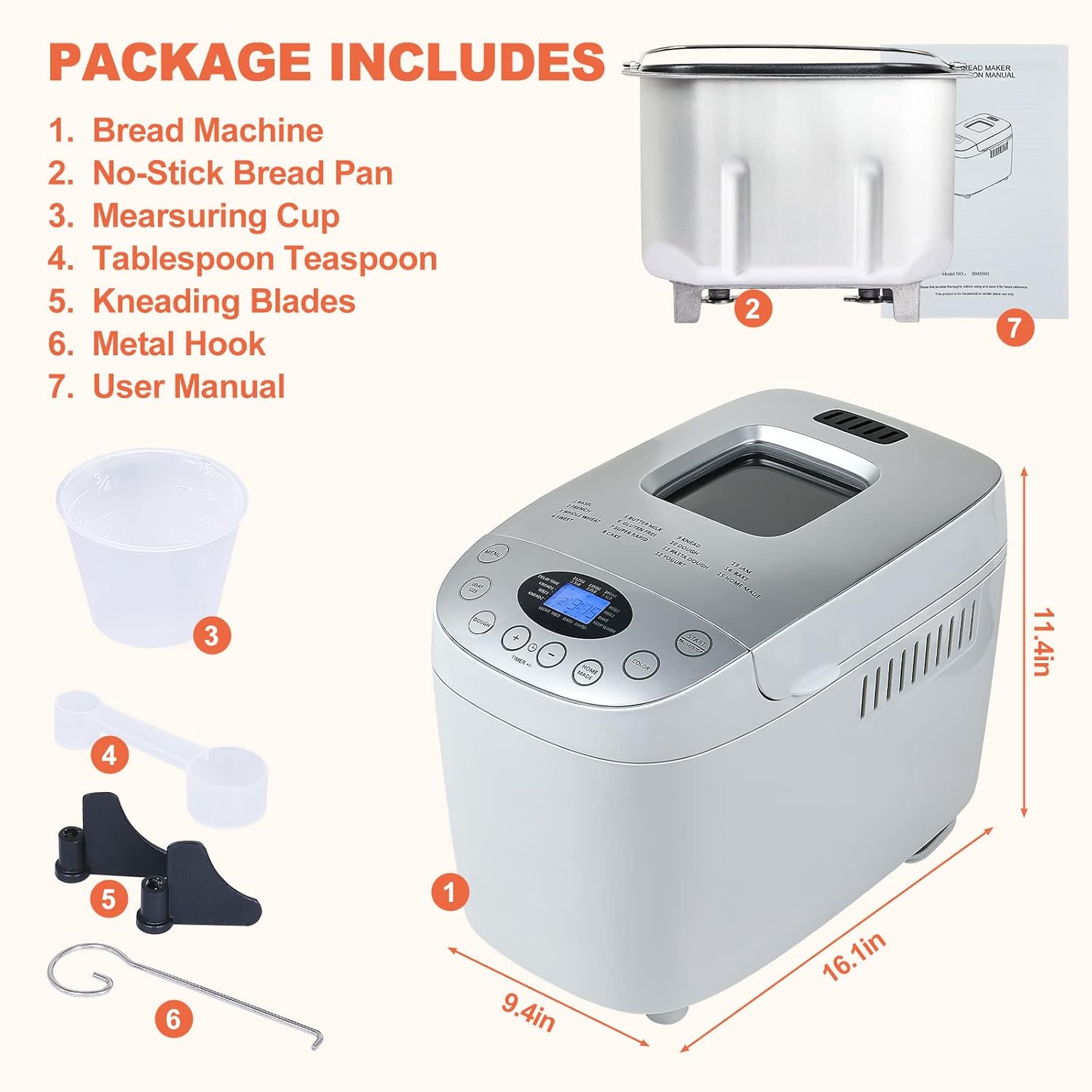 3.5LB Bread Maker Machine 15-in-1 Automatic Bread Machine with Dual Kneading Paddles Breadmaker with Touch Panel&LCD Display,Gluten Free Setting,3 Loaf Sizes 3 Crust Colors,White