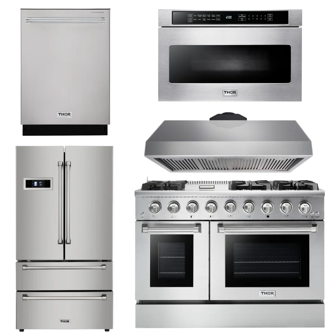 Thor Kitchen Package 48 Propane Gas Range, Range Hood, Refrigerator, Dishwasher, Microwave, AP-HRG4808ULP-7
