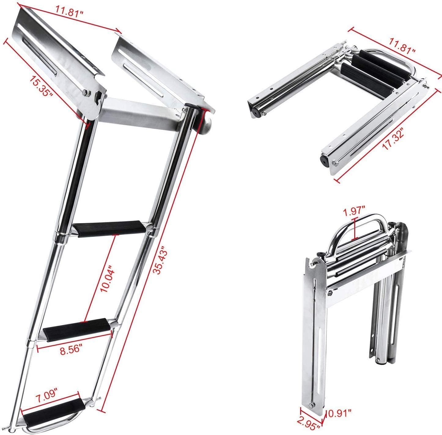 HYDDNice 3 Steps Marine Boat Ladder with Spring Loaded Latch and Carry Handle Telescoping Drop Ladder Under Platform Sliding Ladder Stainless Steel Mounting Screws Included
