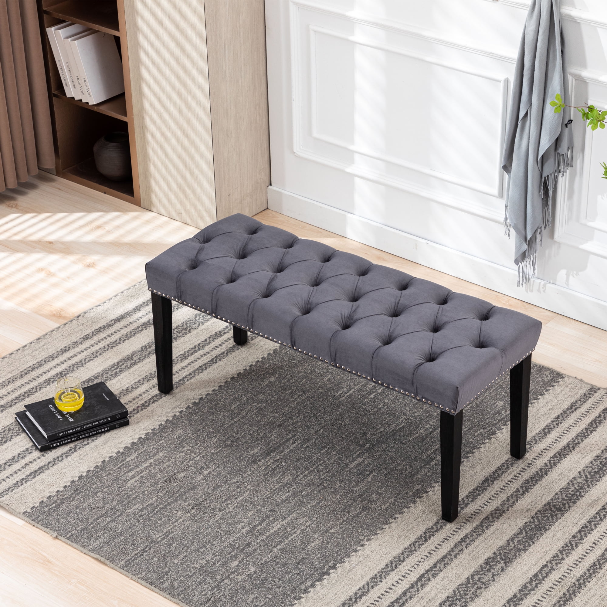 Upholstered Tufted Bench Ottoman, Modern Velvet Ottoman Bench, Button Dining Bench Window Seat for Living Room Bedroom, Fabric Entryway Bench with Wood Legs, Dark gray