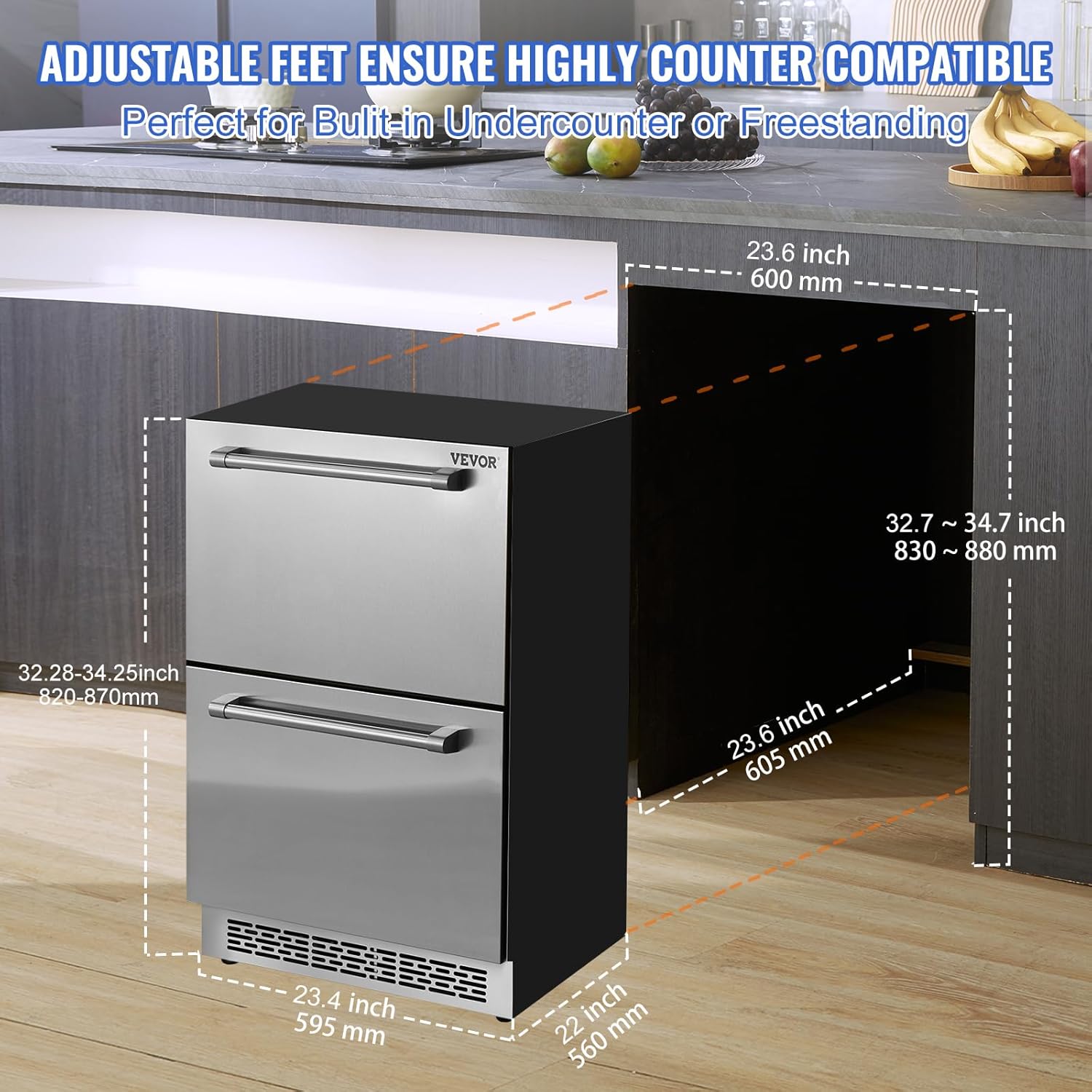 VEVOR 24" Undercounter Refrigerator, 2 Drawer Wine Refrigerator with Different Temperature, 4.87 Cu.ft. Capacity, Waterproof Indoor and Outdoor Under Counter Drawer Fridge for Home and Commercial Use