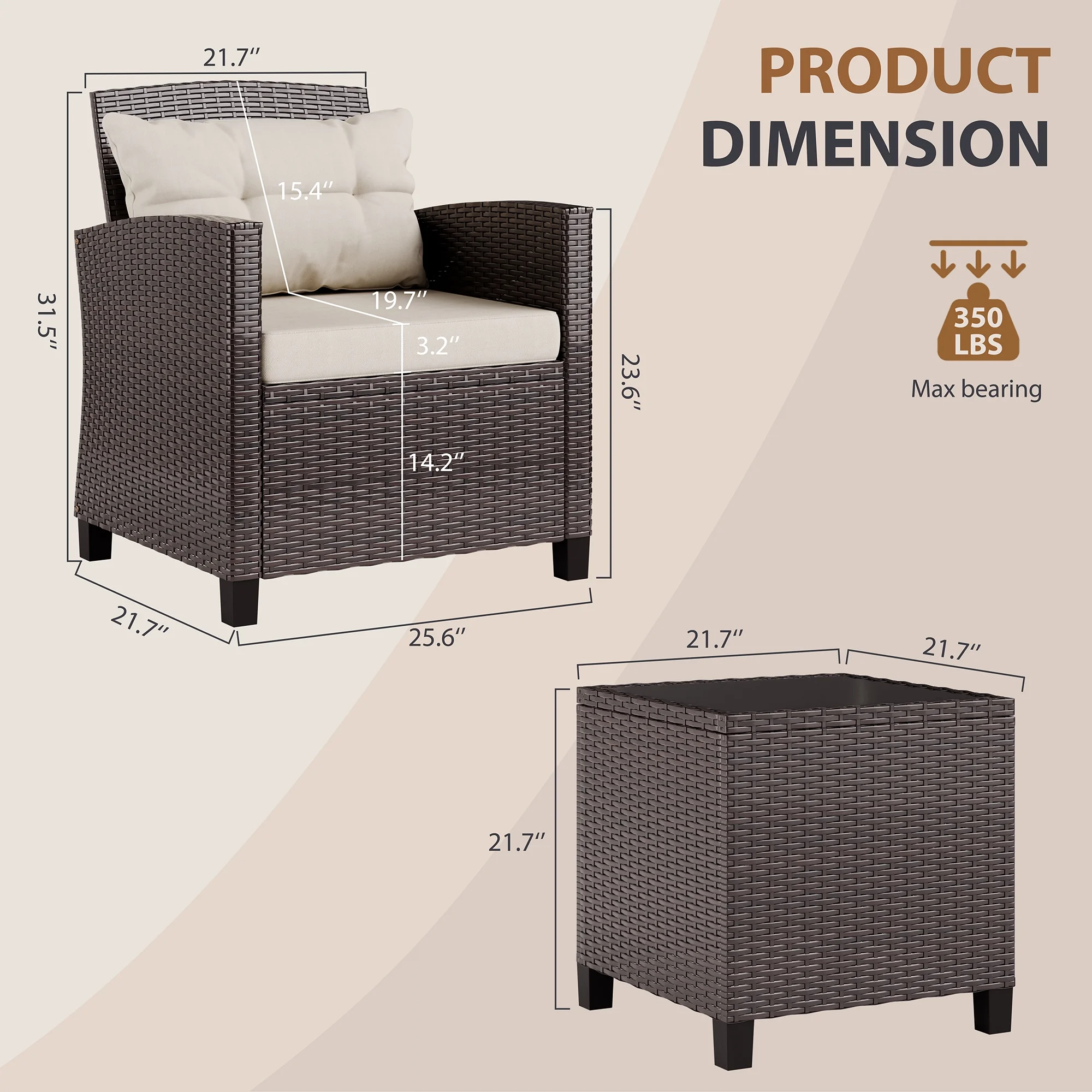 Walsunny 3 Pieces Patio Furniture Set Outdoor Wicker Conversation Bistro Set Outdoor Patio Chairs with Tempered Glass Table Beige