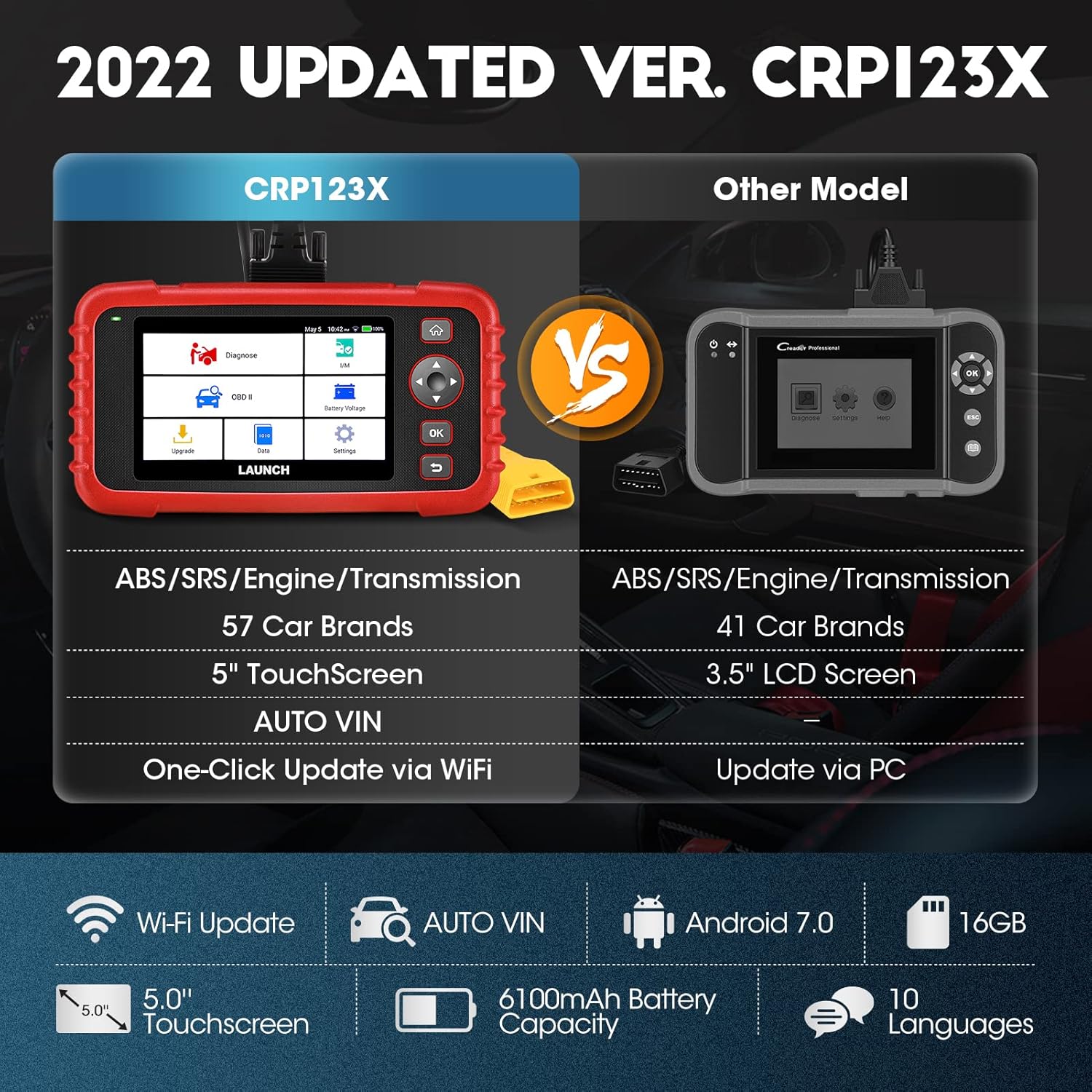 2022 Newest LAUNCH OBD2 Scanner CRP123X Elite Scan Tool, Car Diagnostic Scanner for ABS SRS Transmission Engine with AUTO VIN, Lifetime WiFi Free Update, Battery Test,Android 7.0, 5''Touch Screen