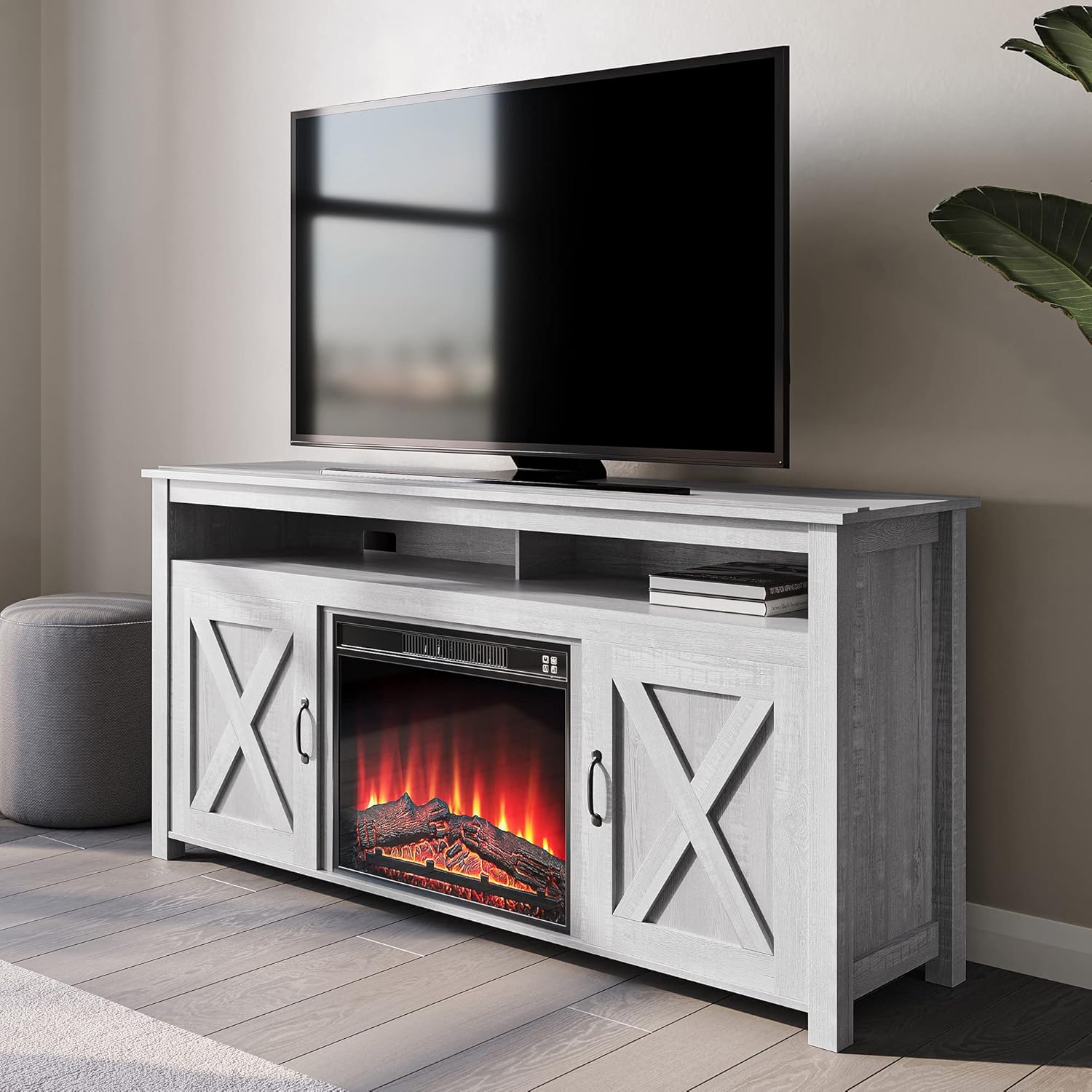 BELLEZE Barn Door Wood Electric Fireplace TV Stand & Media Entertainment Center Console Table for TVs up to 65 Inches with Two Open Shelves and Cabinets - Corin (Gray Wash)
