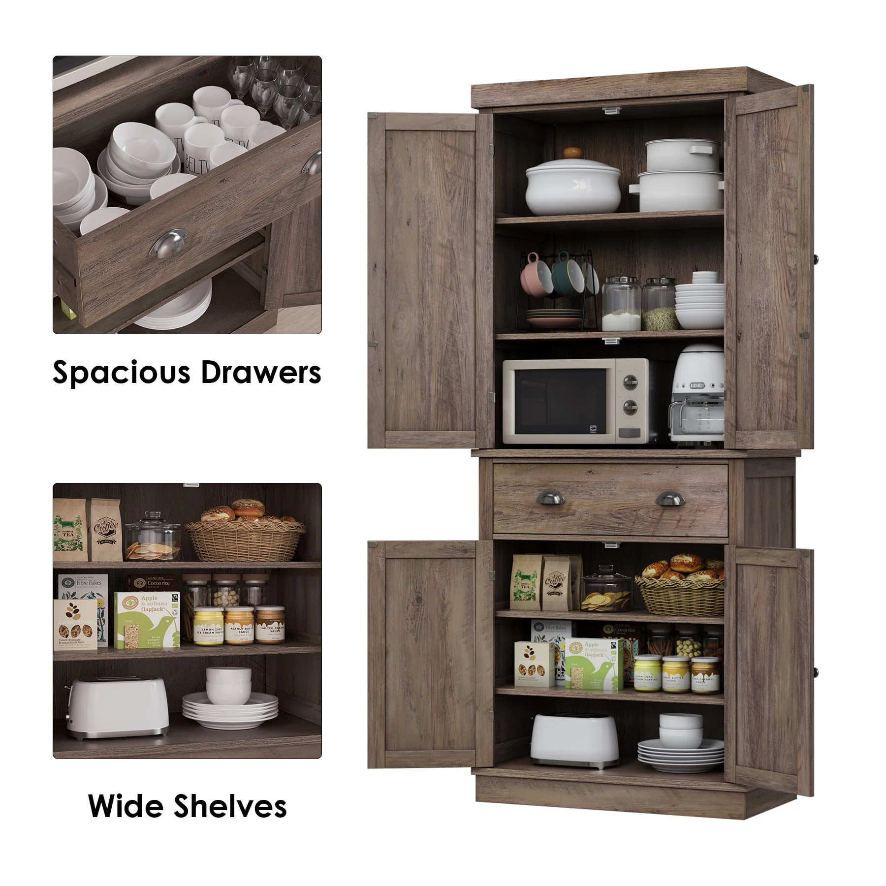 Homfa 72.4'' Tall Kitchen Pantry with 4 Doors, Large Drawer Shelves Wood Storage Cabinet for Dining Room Living Room, White