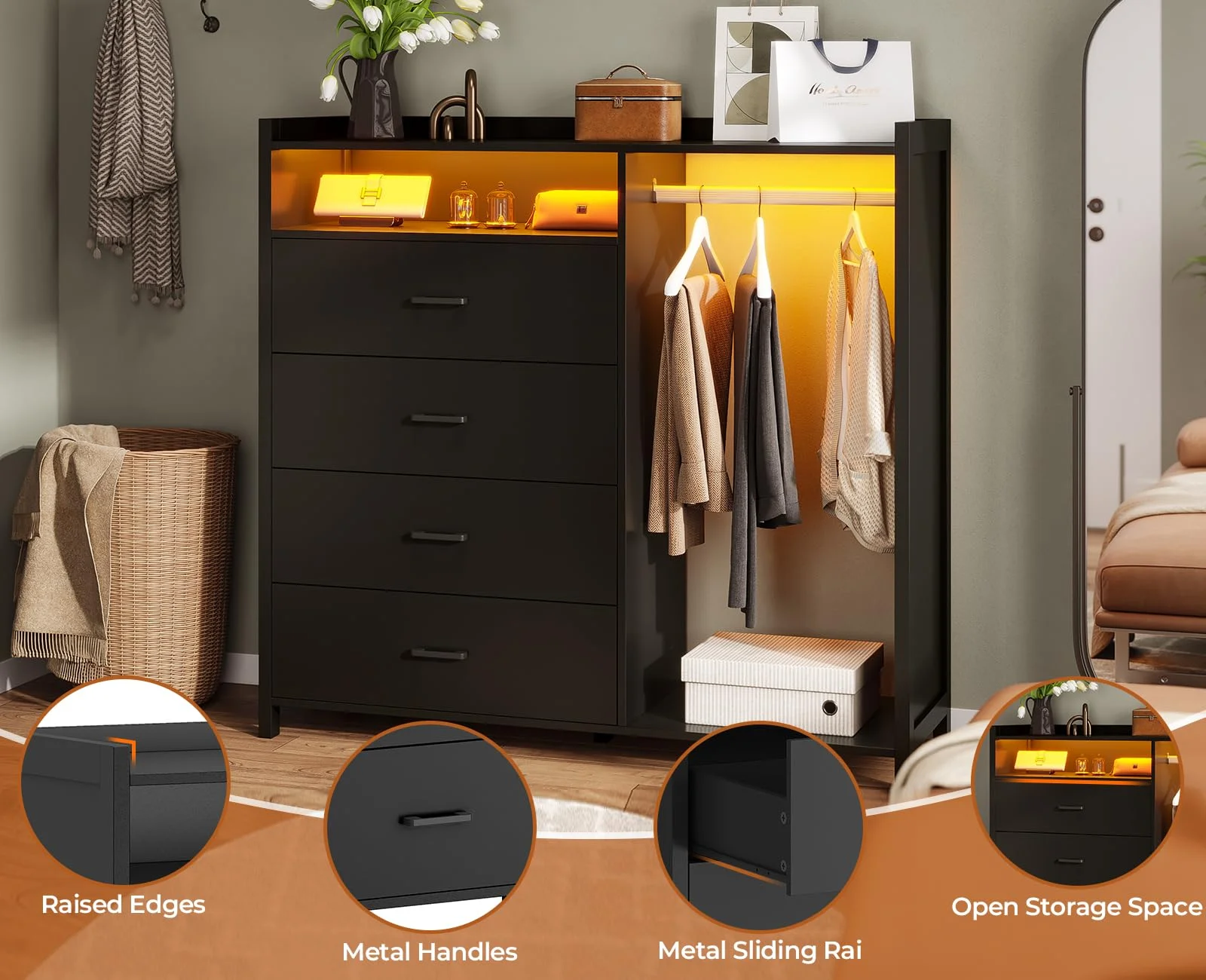 Afuhokles 4 Drawer Dresser for Bedroom with Clothing Rack, Dressers and Chests of Drawers with LED Lights, Modern Long Led Dresser for Bedroom Closet, Black