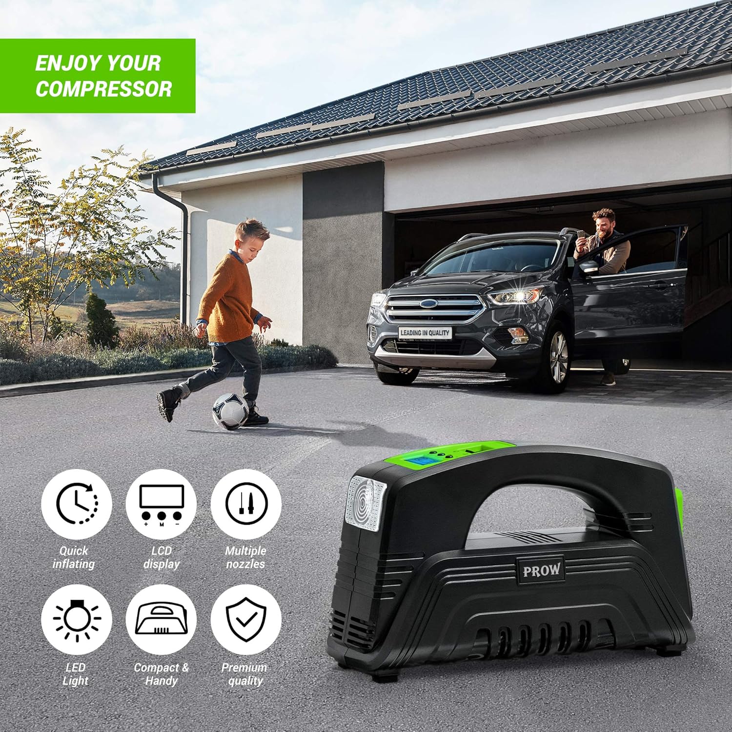 Electric Air Compressor Tire Inflator AC/DC Portable for Car &ndash; DC 12V, Home &ndash; AC 110V, Upscale, with Digital Pressure Gauge, Air Pump for Car Tires, Motorcycle, Bike, Basketball and More