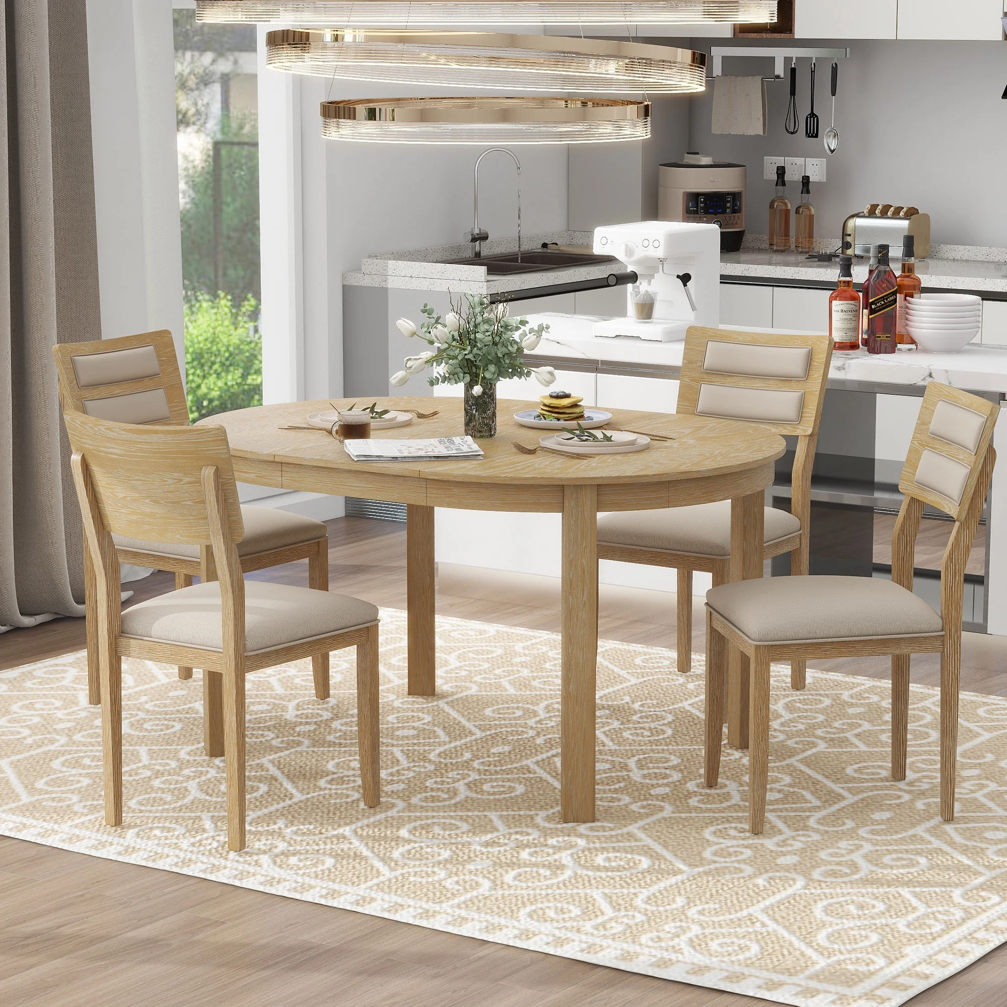 5-Piece Multifunctional Dining Table Set, Farmhouse Dining Set with Extendable Round Table ,Two Small Drawers and 4 Upholstered Dining Chairs for Kitchen and Dining Room (Natural Wood Wash)