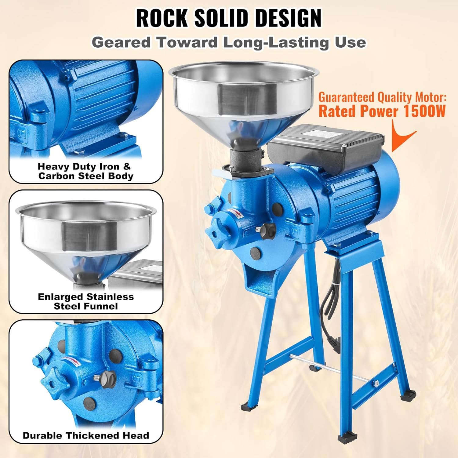 VEVOR Electric Grain Mill Grinder, 1500W 110V Spice Grinders, Commercial Corn Mill with Funnel, Thickness Adjustable Powder Machine, Heavy Duty Feed Flour Cereal Mill Wheat Grinders, Dry & Wet Grinder