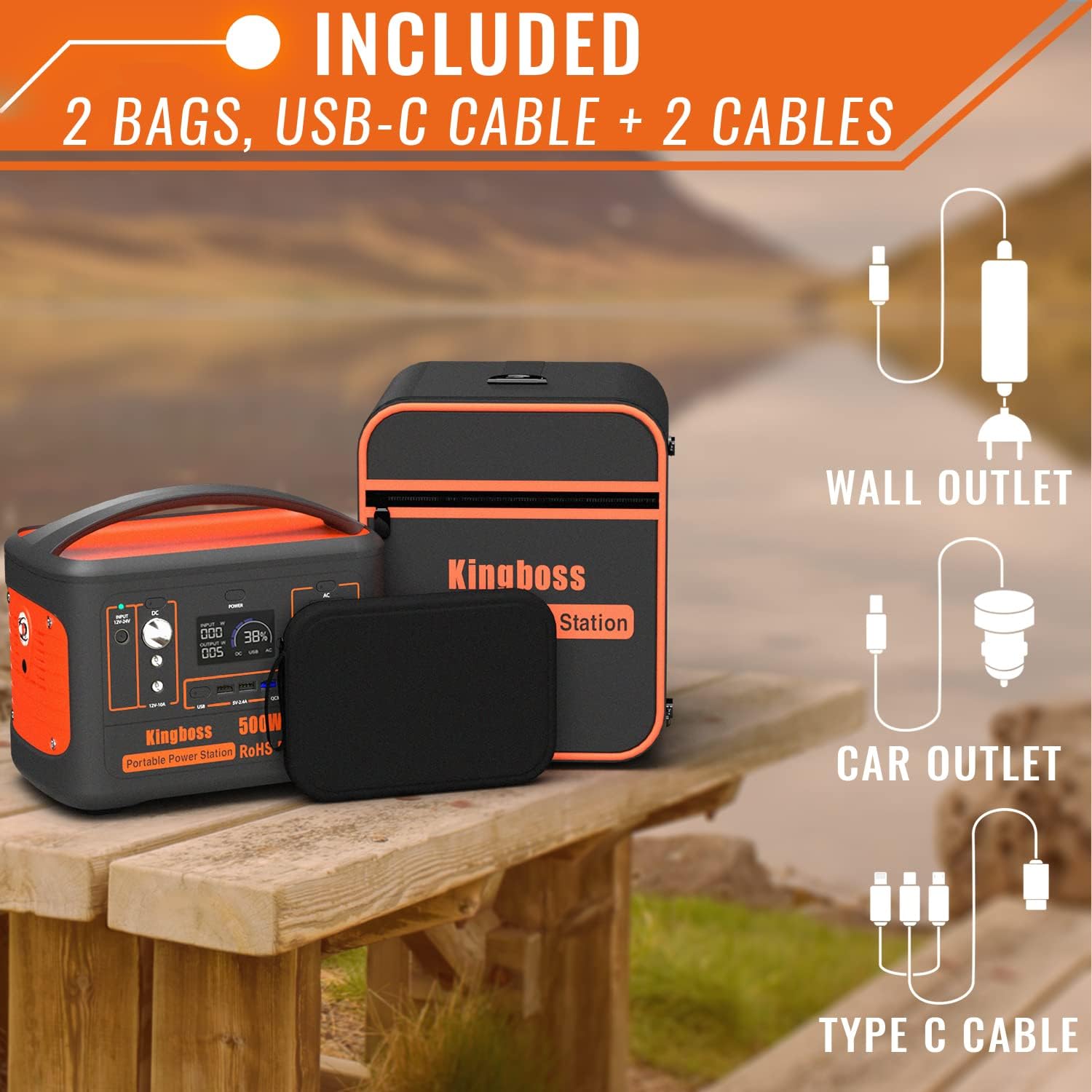 Portable Power Station 500W Kingboss, 568WH 153600mAh Outdoor Solar Generator Backup Lithium Battery with 110V/500W (Peak 1000W) AC Outlet, 2* DC, Carport, 2*USB-C, QC USB 3.0 for Camping, Powerbank