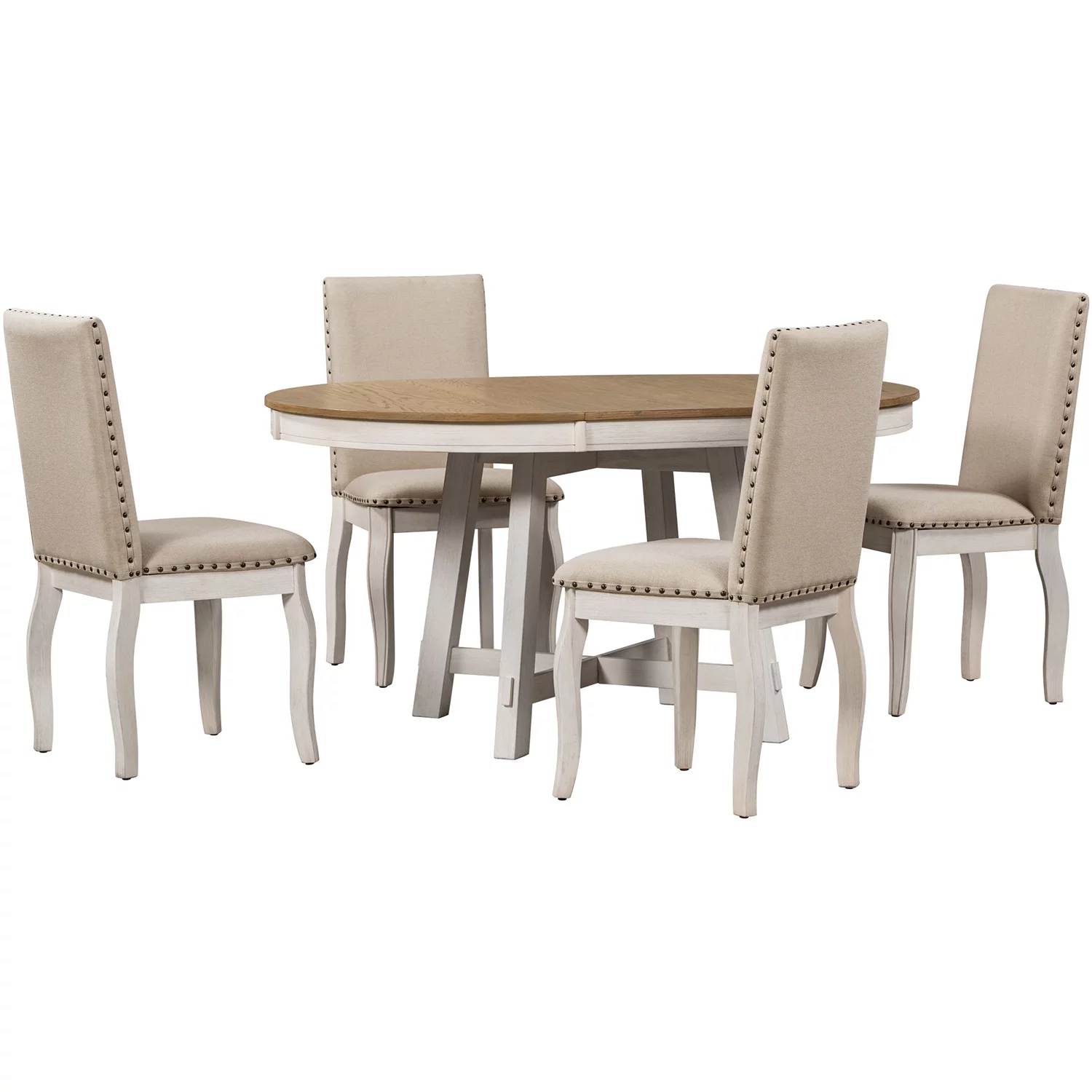 Churanty 5 Piece Farmhouse Dining Table Set Wood Round Extendable Dining Table and 4 Upholstered Dining Chairs,Oak Natural Wood + Antique White