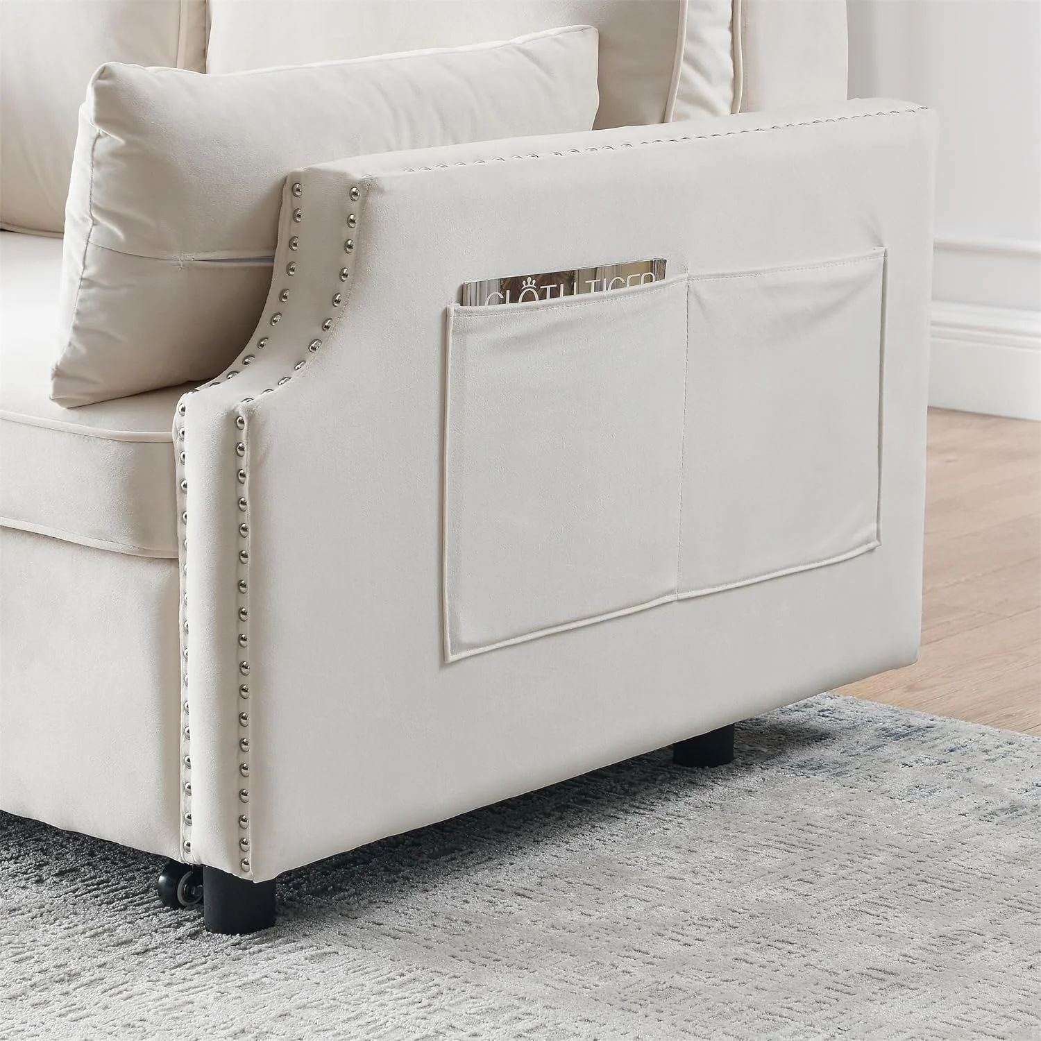 Convertible Sleeper Sofa With Pull Out Bed, 3-In-1 Velvet Small Loveseat With Nailhead Design & Side Storage Pockets, 2 Seat Loveseat Sleeper Sofa Bed For Small Space, Living Room