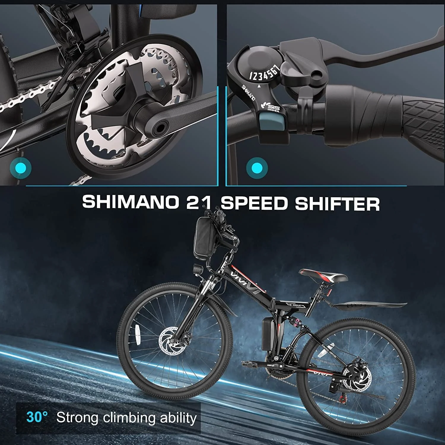 Vivi Electric Bike for Adults 26 Folding Electric Bike 500W Electric Mountain Bike 20MPH Full Suspension Electric Bike with Cruise Control Up to 50 Miles