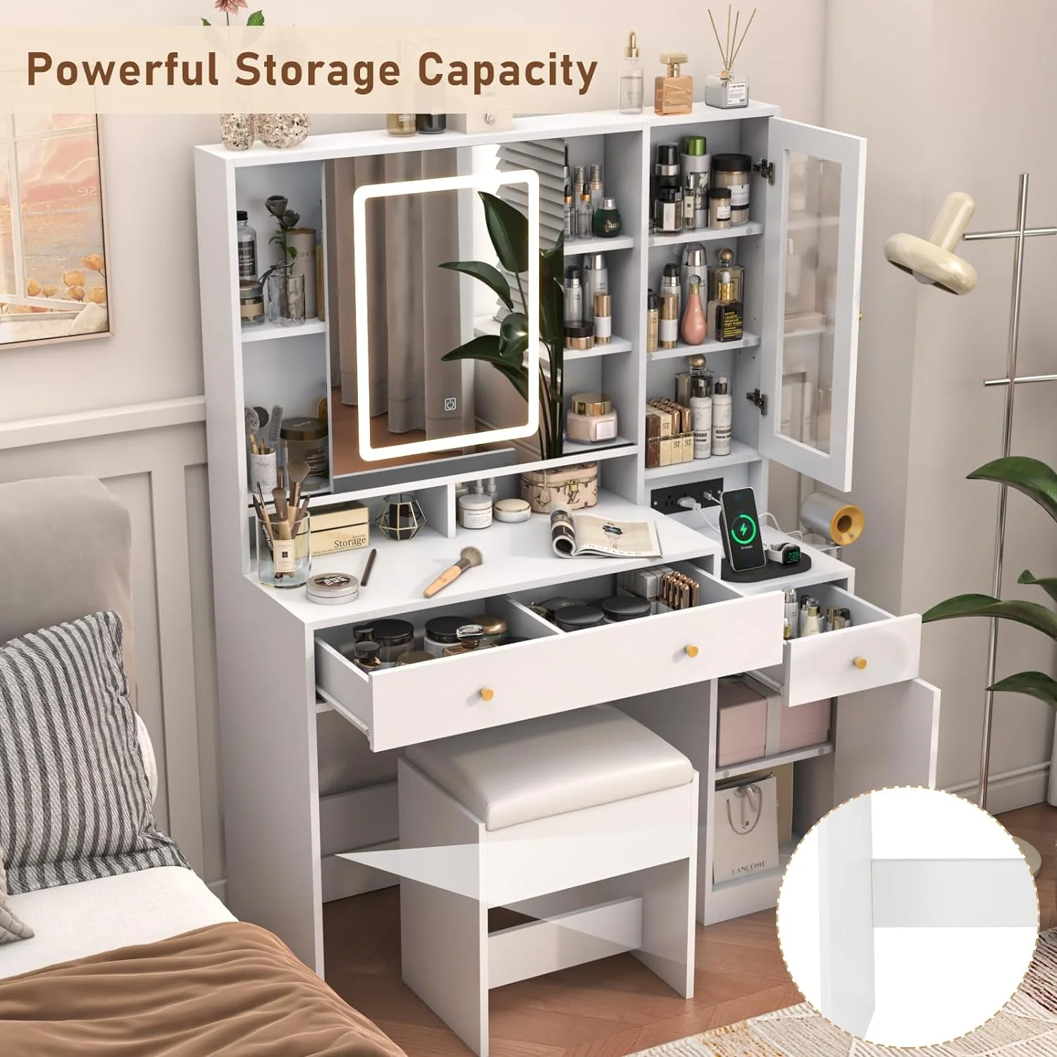 White Vanity Desk with Sliding Mirror & Lights, Vanity Table Makeup Desk with Charging Station 2 Drawers 2 Doors, Lots of Storage Shelves, Large Vanity Set with Cushioned Stool(White)