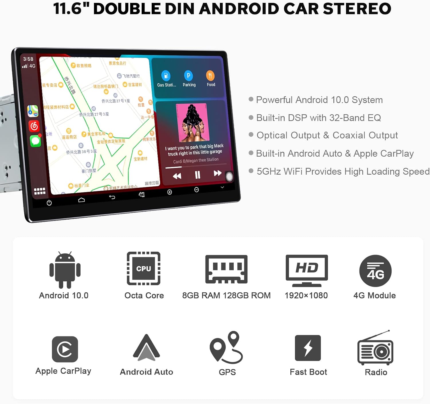 JOYING Carplay Stereo 11.6 Inch Octa Core Double Din Car Stereo Android 10 Navigation Car Stereo With Full-Fit 1920x1080 Screen 8GB+128GB Support Bluetooth 5.1/AM/FM Radio/4G Module/DVR/Back-Up Camera
