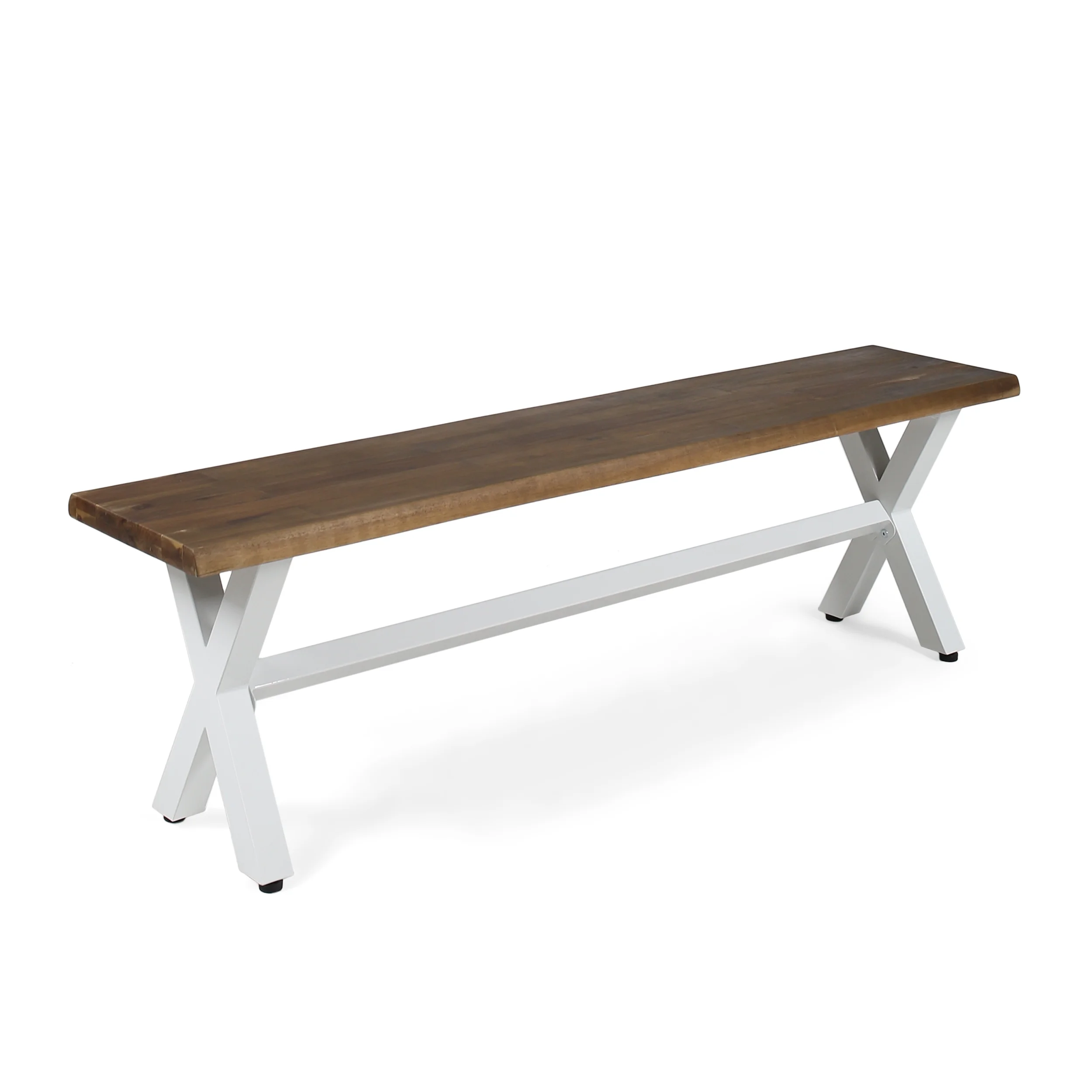 Cassie Outdoor Acacia Wood Dining Bench with Iron Legs, Dark Oak and White Rustic Metal