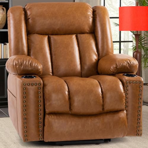 Large Power Lift Chairs Recliners for Elderly with Heated and Massage, Overstuffed Adjustable Lift Chairs, 3 Positions, Breathable Leather, USB-A and USB-C, Cup Holder, Side Pocket Dark Brown