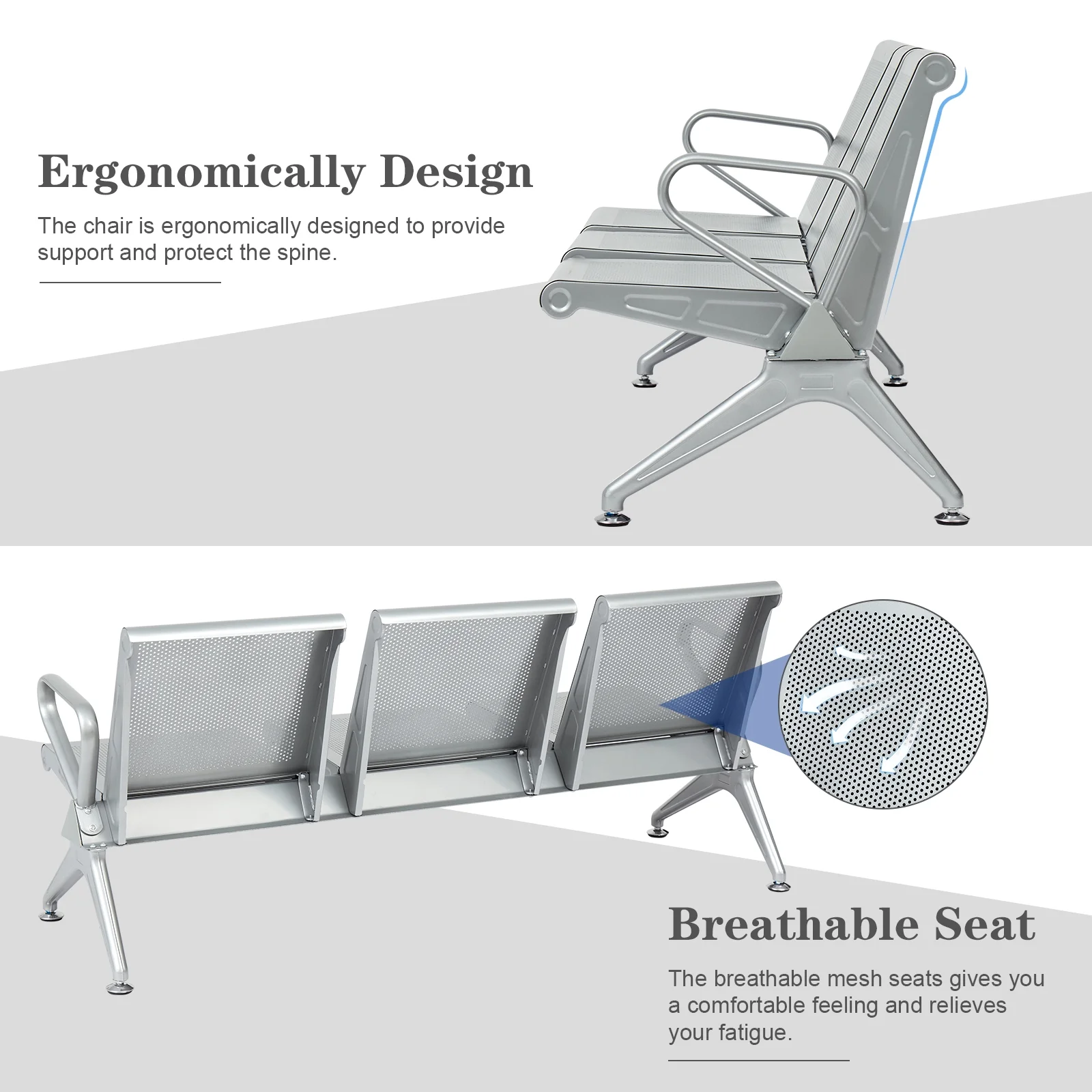 Kinbor 3-Seat Office Guest Waiting Chair Bench with Steel Frame for Bank Airport Conference Home, Silver