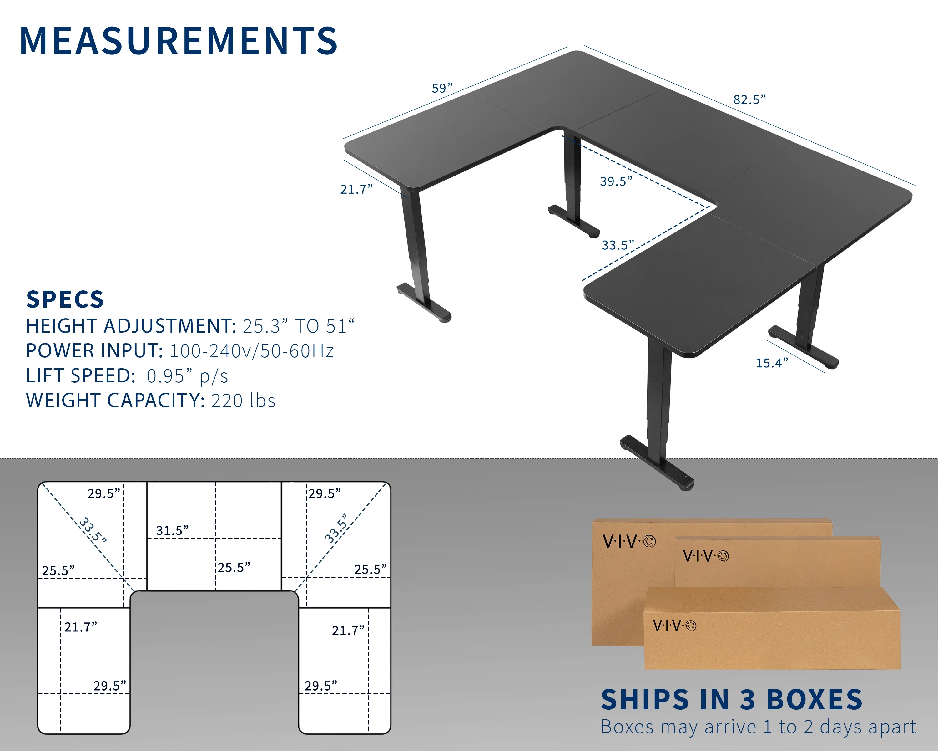 VIVO Black U-Shaped 83" x 60" Height Adjustable 4-Leg Electric Standing Desk