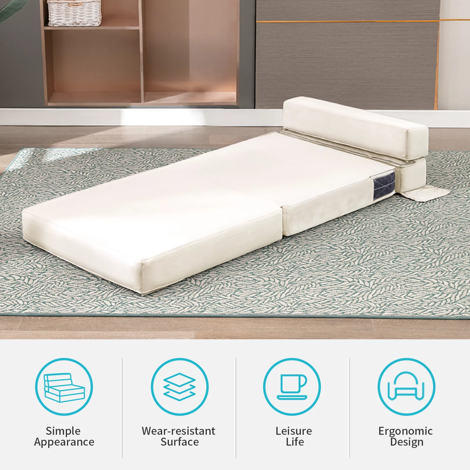 MUZZ Modern Convertible Single Sofa Bed, Folding Futon Flipped Lounger Sleeper with High Density Foam and Short Plush Fabric for Living Room/Small Space(Beige)