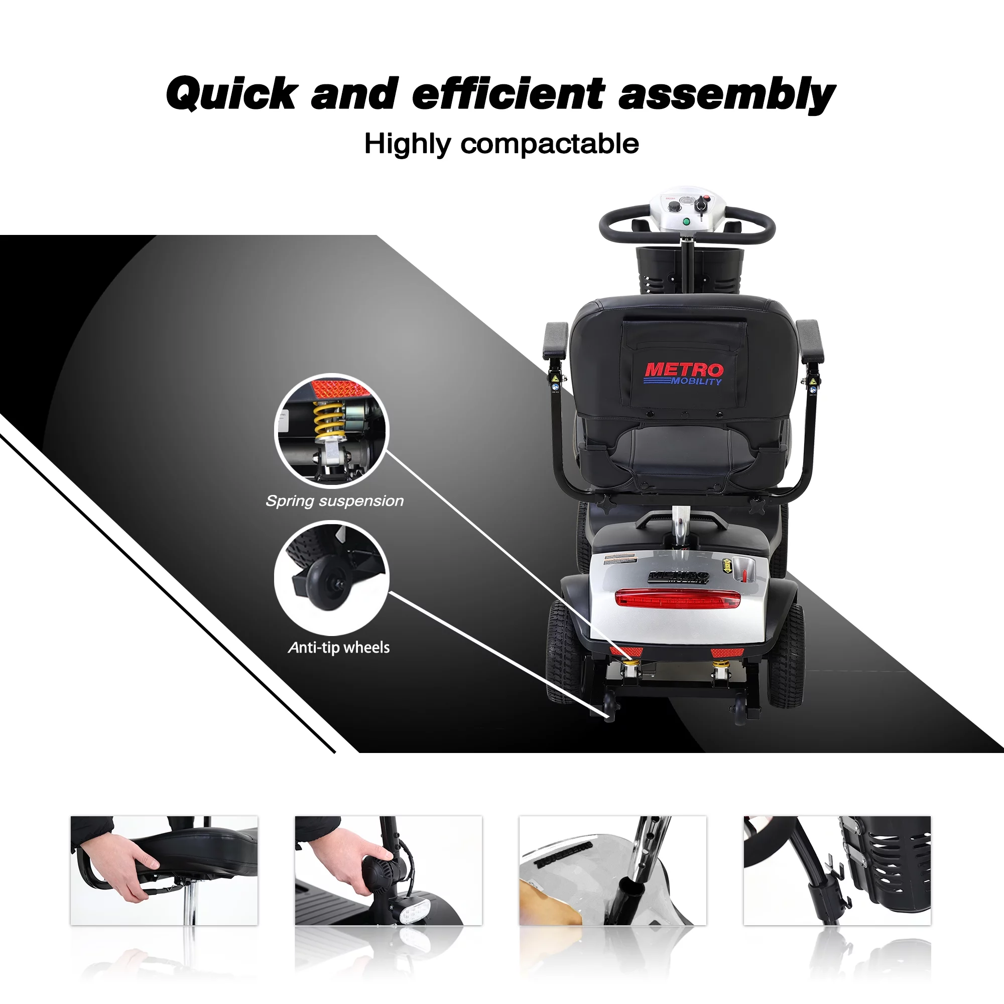 4-Wheel Mobility Scooter for Adults, Compact Motorized Scooter w/ Detachable Basket, Heavy Duty Mobility Scooter for Seniors, Adults, Max Speed 4.97mph, 300lbs, Silver, SS207