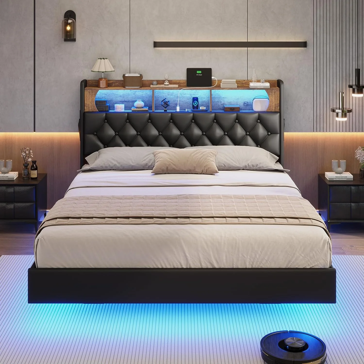 Full Size Floating Bed Frame with LED Light&Charging Station, Upholstered Platform Bed with Storage Headboard, Noise-Free, Black - Curated Treasures Market