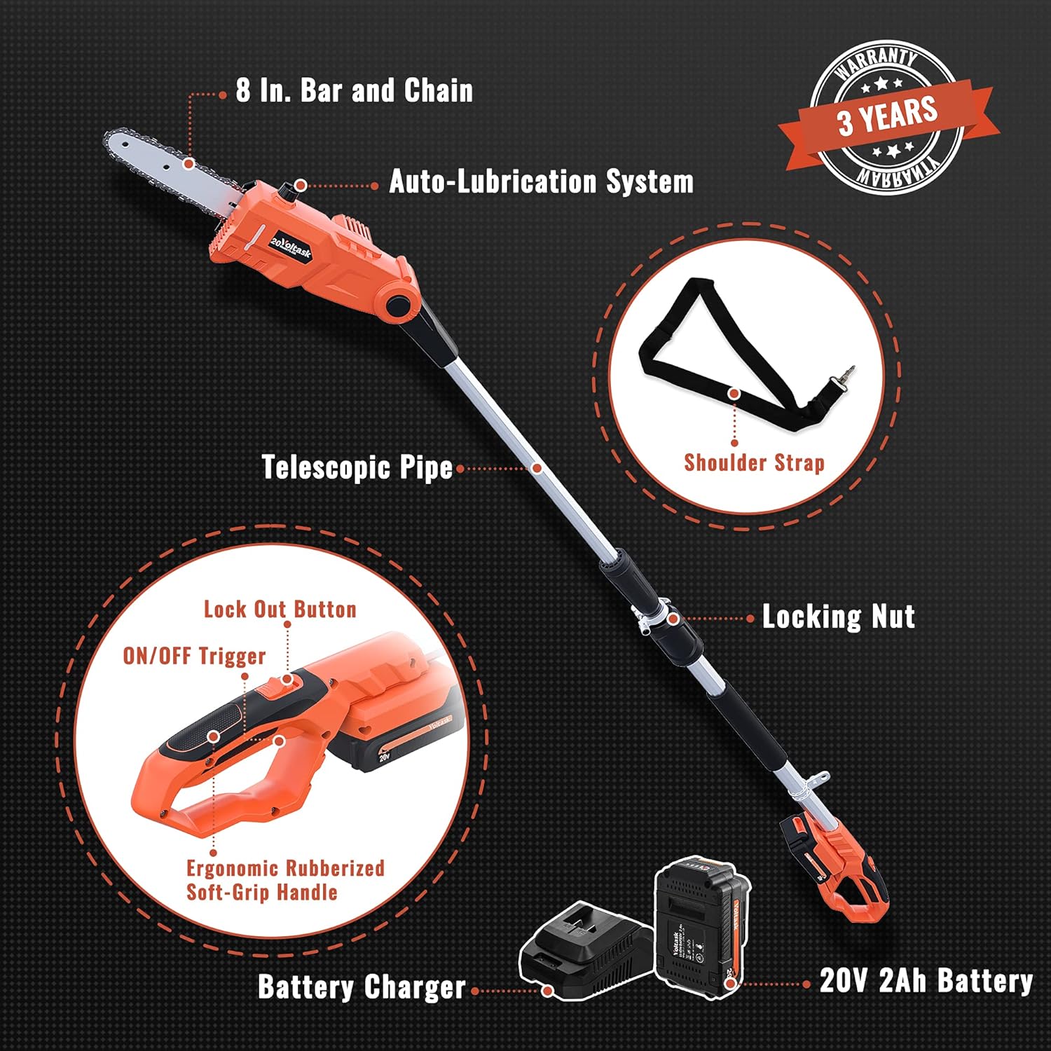 Voltask Cordless Chainsaw, 20V 10-Inch Electric Chainsaw with Auto Chain Tension & Lubrication (20V 8'' 2.0AH)