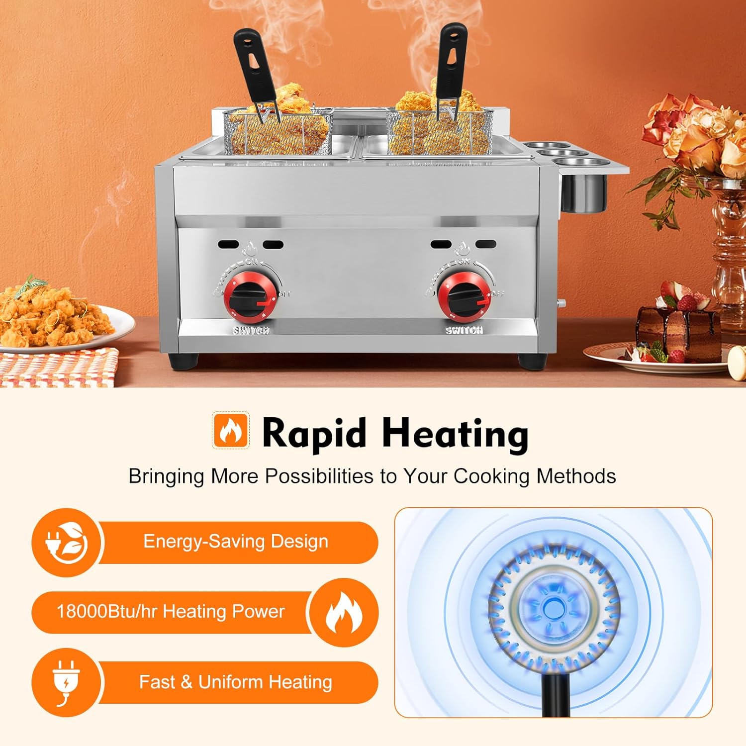 Professional Deep Fryer, 6L * 2 Liquid Propane or Natural Gas Countertop Kitchen Fryer Countertop Gas Fryer Fryer Kitchen Countertop Gas Fryer Deep Fryer Combined Fryer with 2 PCS Basket Set