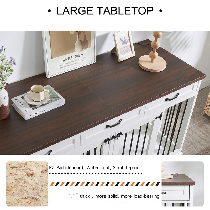 63'' Dog Crate Furniture, Furniture Style Dog Crate Table with 3 Drawers and Removable Divider, Heavy Duty Wooden Dog Kennel for 2 Medium Small Dogs，White - Curated Treasures Market