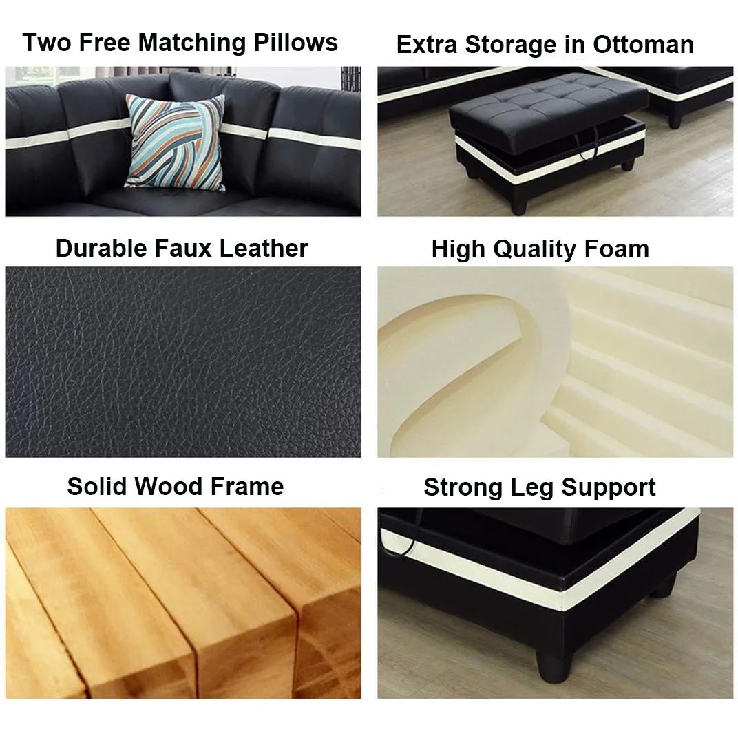 Ainehome 103.5" Leather Sectional Sofa Set, 3-Piece L-Shaped Living Room Couch Sets with Chaise Storage Ottoman and Pillows, Black