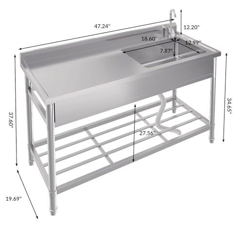Stainless Steel Free-Standing Utility Sink, Single Bowl Freestanding Laundry Sink with Faucet, Drainboard, Storage, Hot & Cold Water Plumbing for Restaurant, Workshop, Home, 24x20x41 in