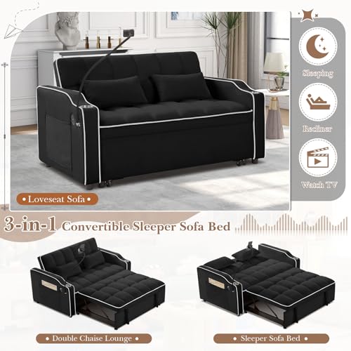 Convertible Sleeper Sofa Bed, 3 in 1 Velvet Pull Out Loveseat Couch Modern Comfy Futon Sofa with Adjustable Backrest & Phone Holder & USB Charging Space Saving for Living Room, Small Apartment, Grey