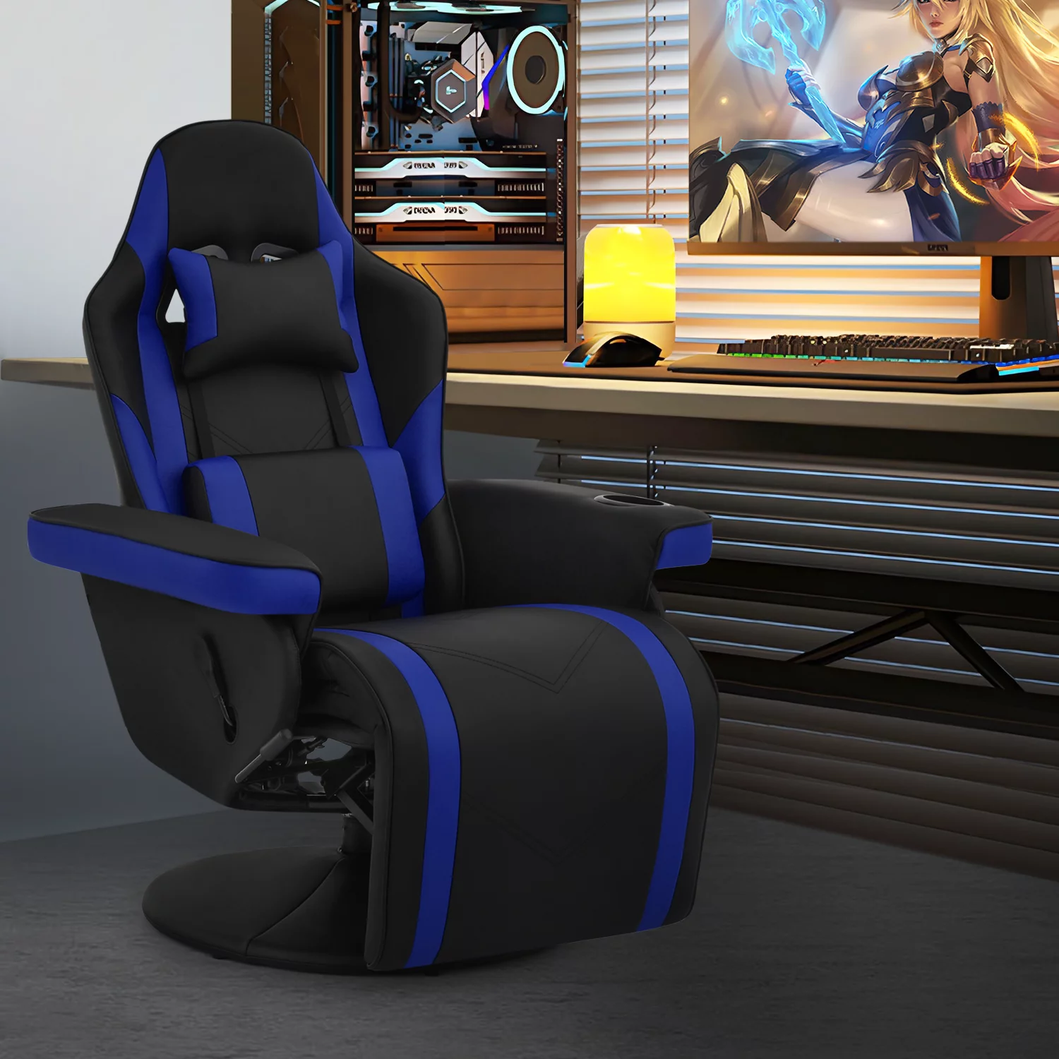 Magshion Gaming Recliner Chair, Ergonomic Reclining Video Gaming with Lumbar Support, Leather Theater Seating with Cup Holder, Blue