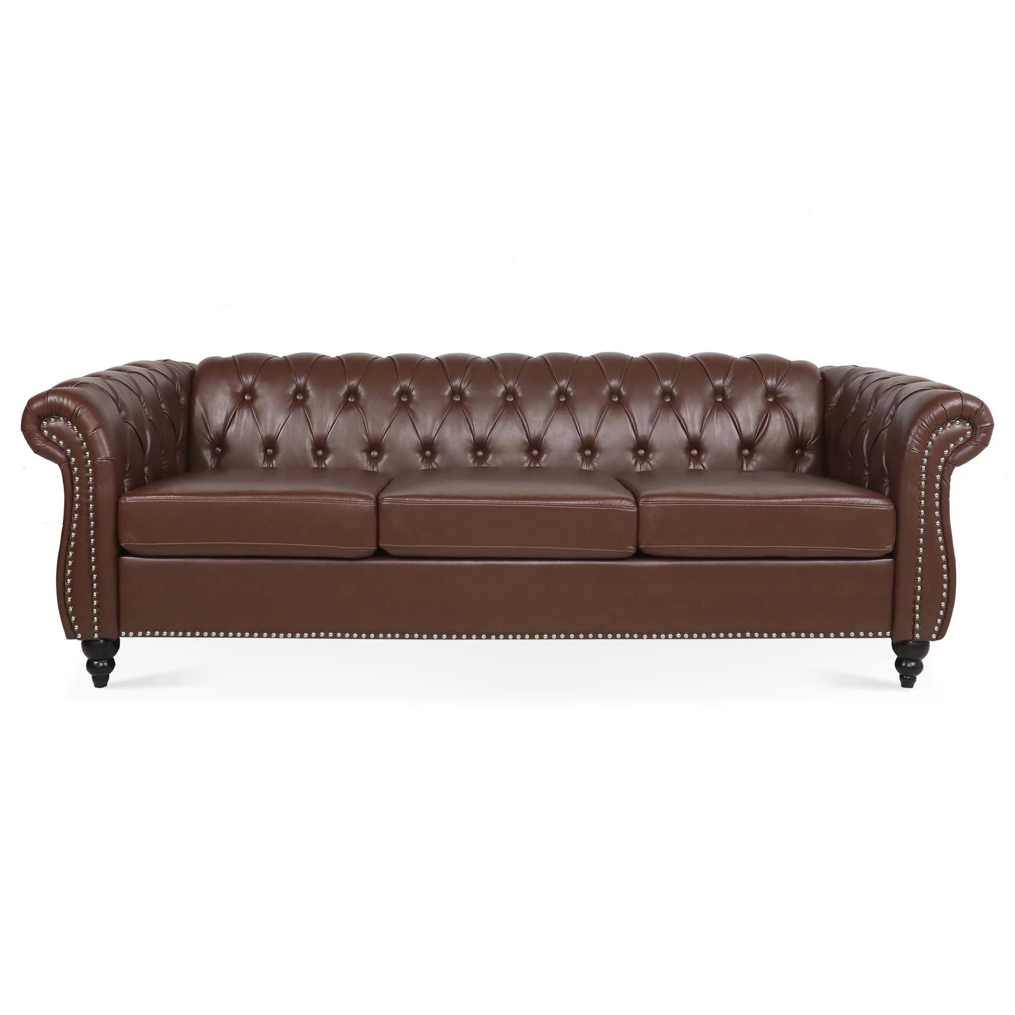 Chesterfield Sofas for Living Room, Rolled Arm 3-Seater Leather 84" Large Couch Deep Button Nailhead Tufted Black Upholstered Couches for Bedroom, Office Apartment (Dark Brown)